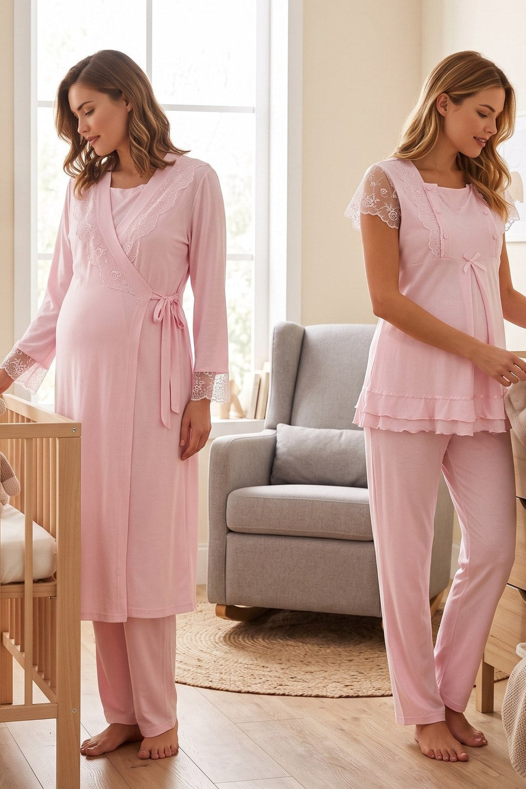 Lace Sleeve 3-Piece Maternity Feeding-Friendly Pajama & Robe Set Pink - T2054