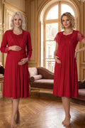 Lace Sleeve Maternity Feeding-Friendly Nightgown & Robe Set Cherry - T2055