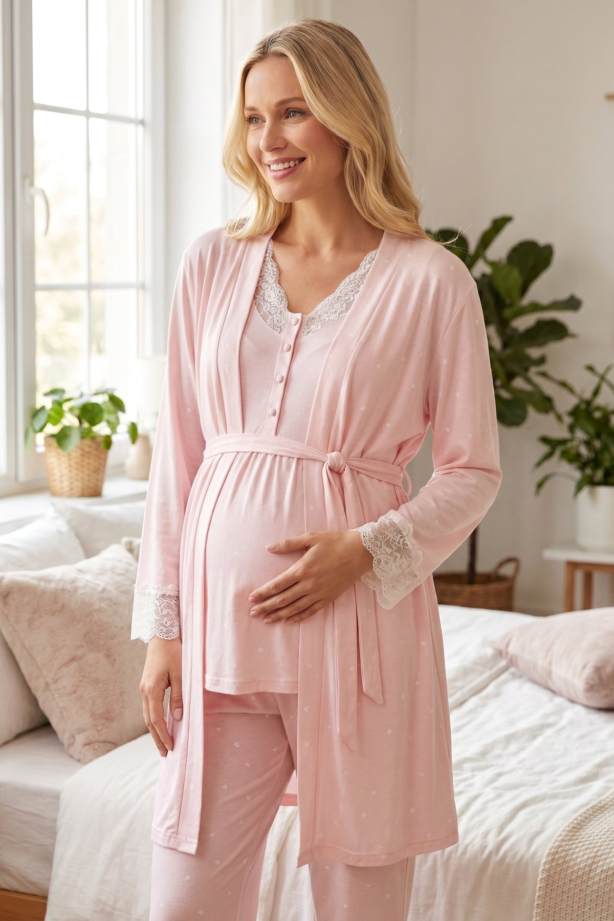 Lace Collar 3-Piece Maternity Feeding-Friendly Pajama & Lace Sleeve Polka Dot Robe Set Pink - L2059