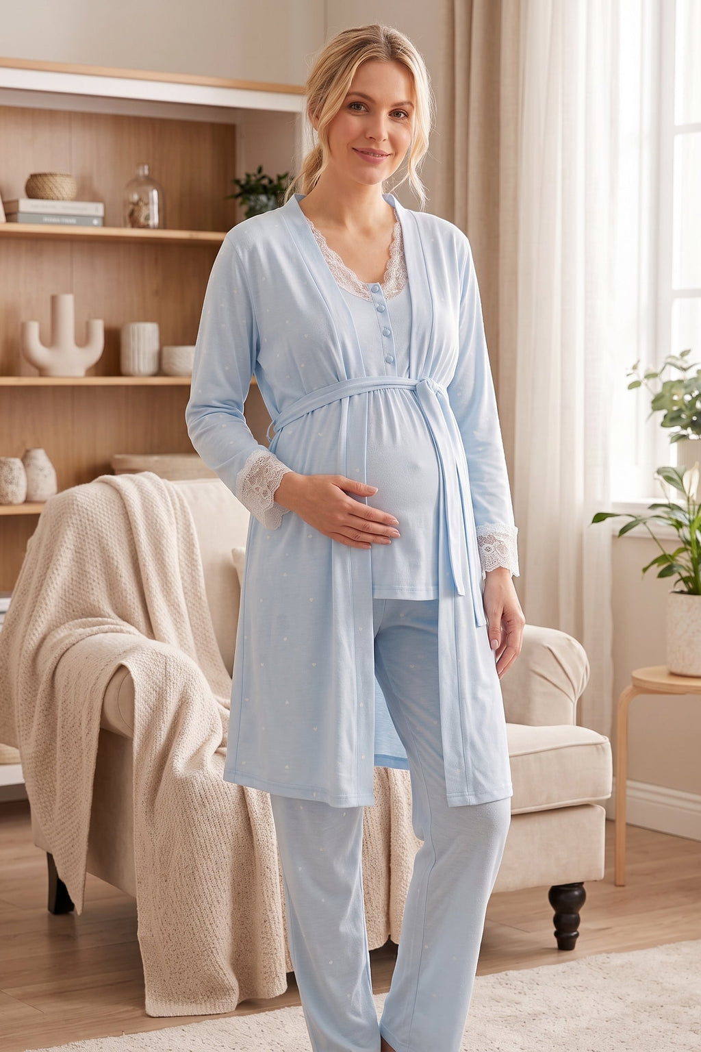 Lace Collar 3-Piece Maternity Feeding-Friendly Pajama & Lace Sleeve Polka Dot Robe Set Blue - L2060