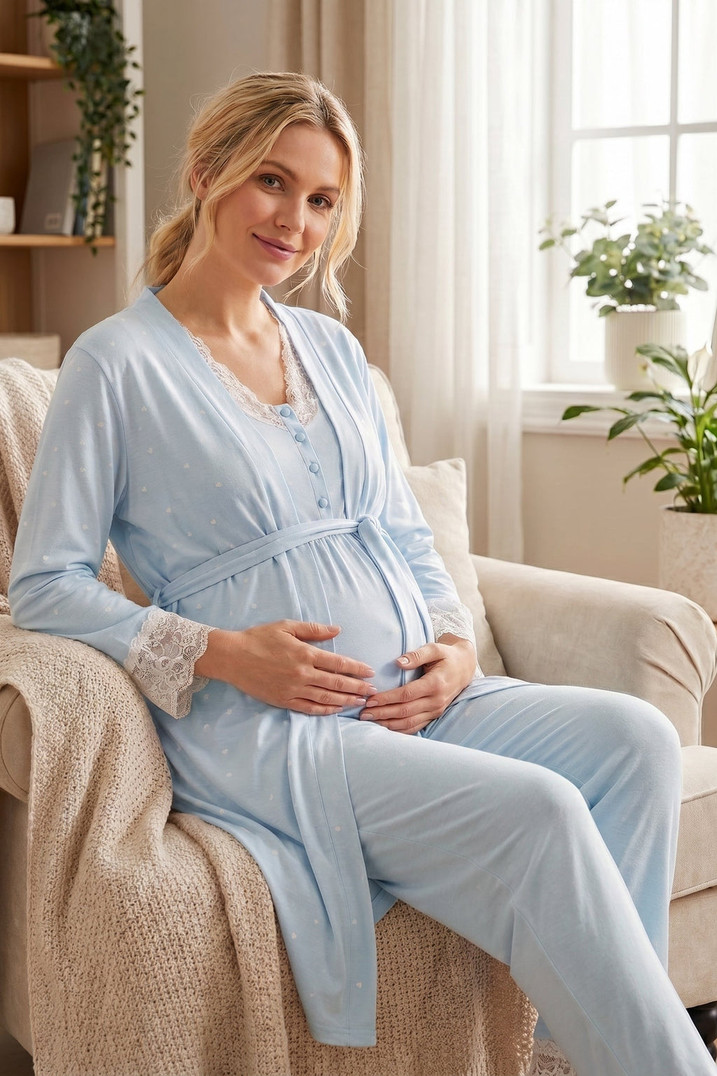 Lace Collar 3-Piece Maternity Feeding-Friendly Pajama & Lace Sleeve Polka Dot Robe Set Blue - L2060