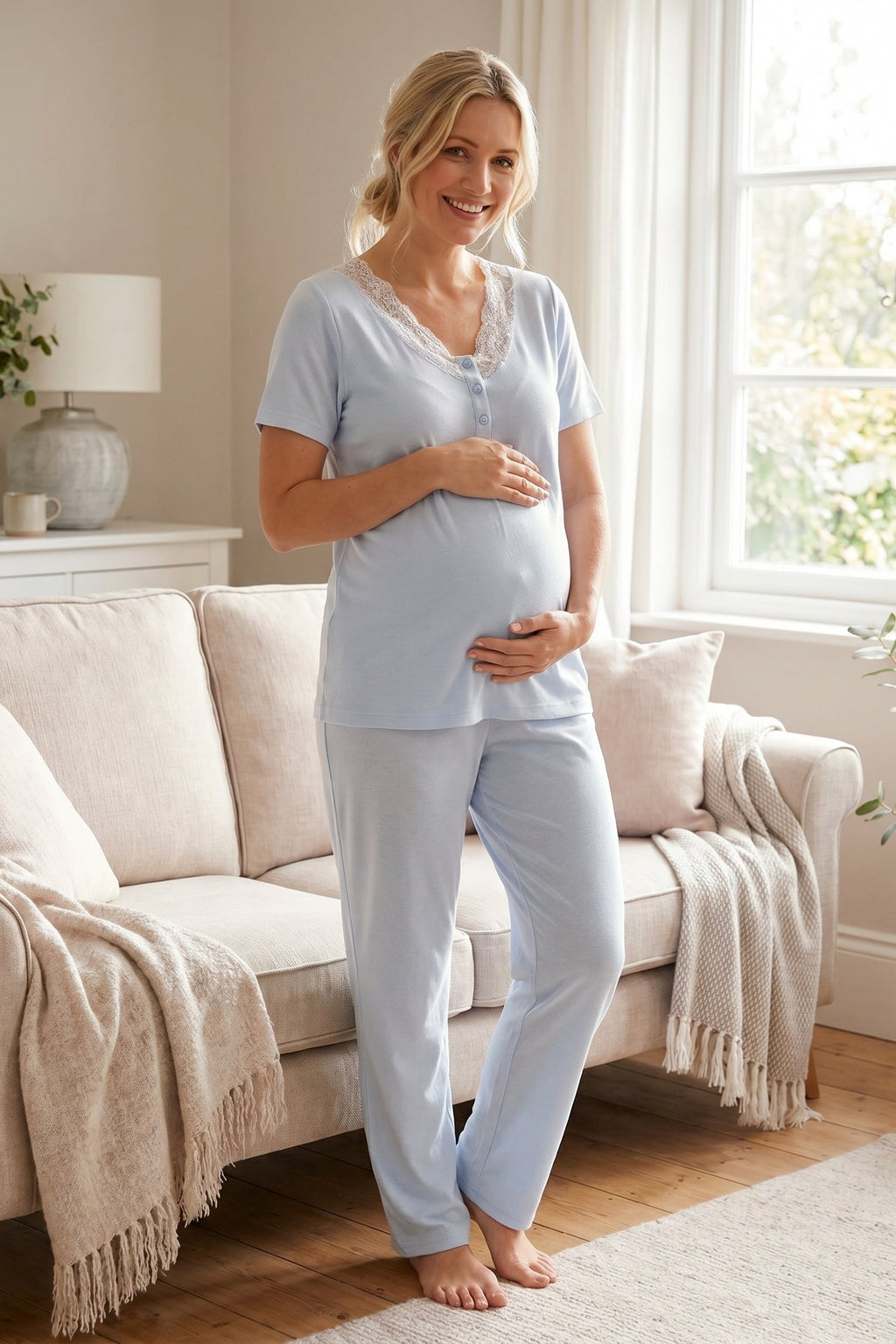 Lace Collar 3-Piece Maternity Feeding-Friendly Pajama & Lace Sleeve Polka Dot Robe Set Blue - L2060