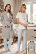 Basic 3-Piece Maternity Feeding-Friendly Pajama & Robe Set Blue - T2070