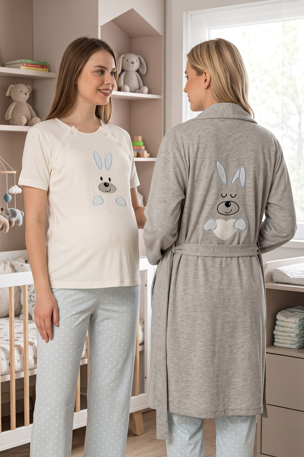 Basic 3-Piece Maternity Feeding-Friendly Pajama & Robe Set Blue - T2070