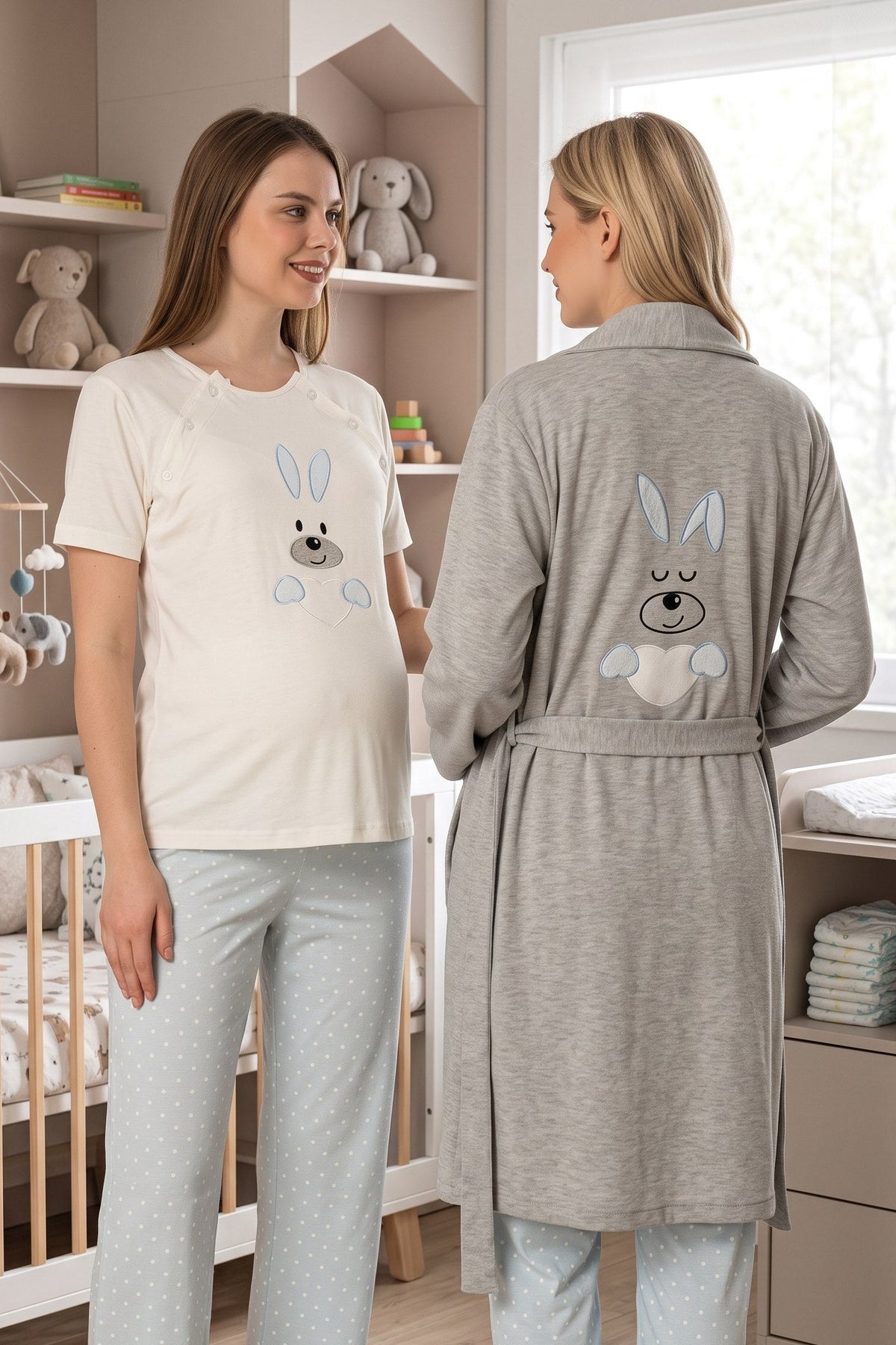 Basic 3-Piece Maternity Feeding-Friendly Pajama & Robe Set Blue - T2070