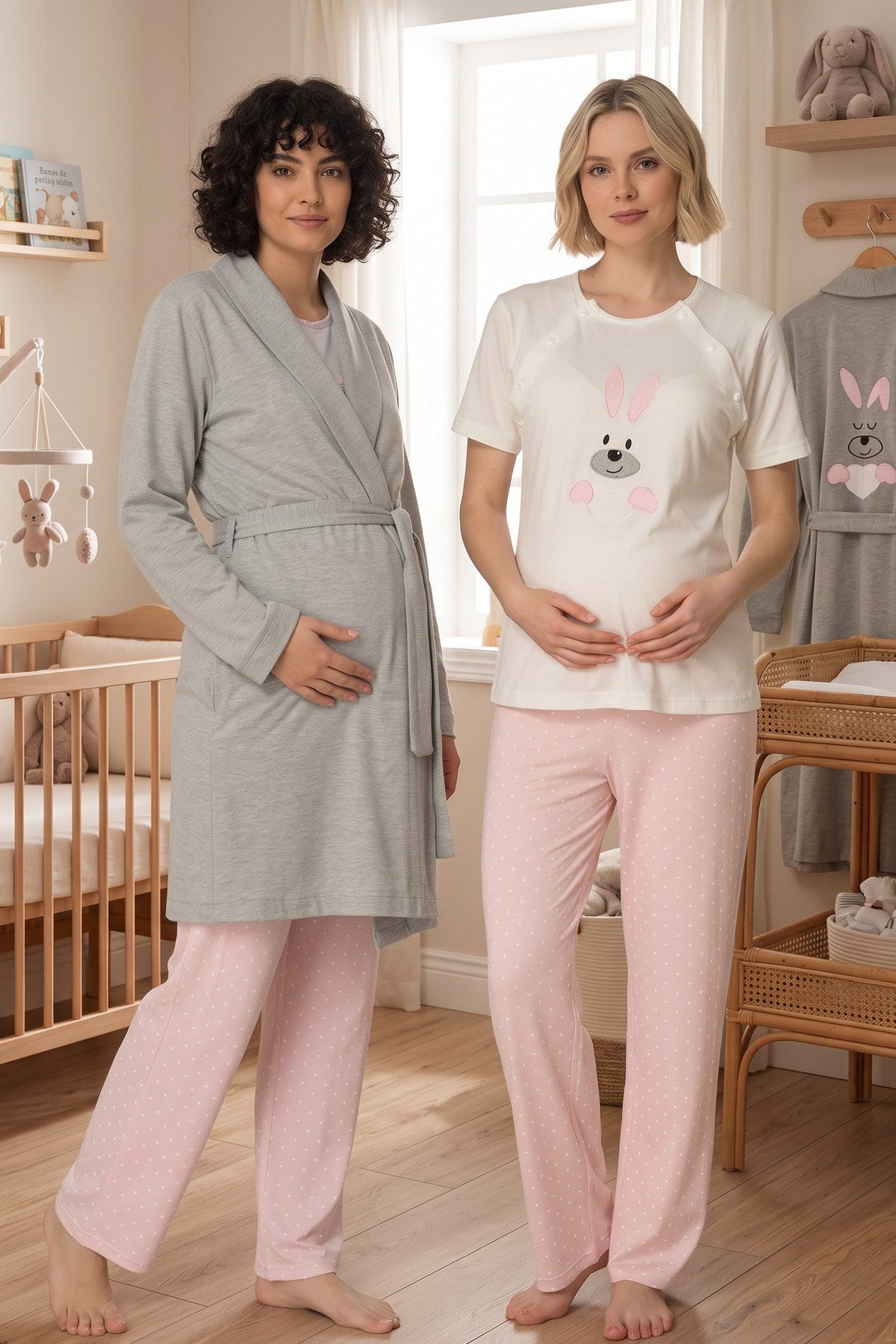 Basic 3-Piece Maternity Feeding-Friendly Pajama & Robe Set Pink - T2070