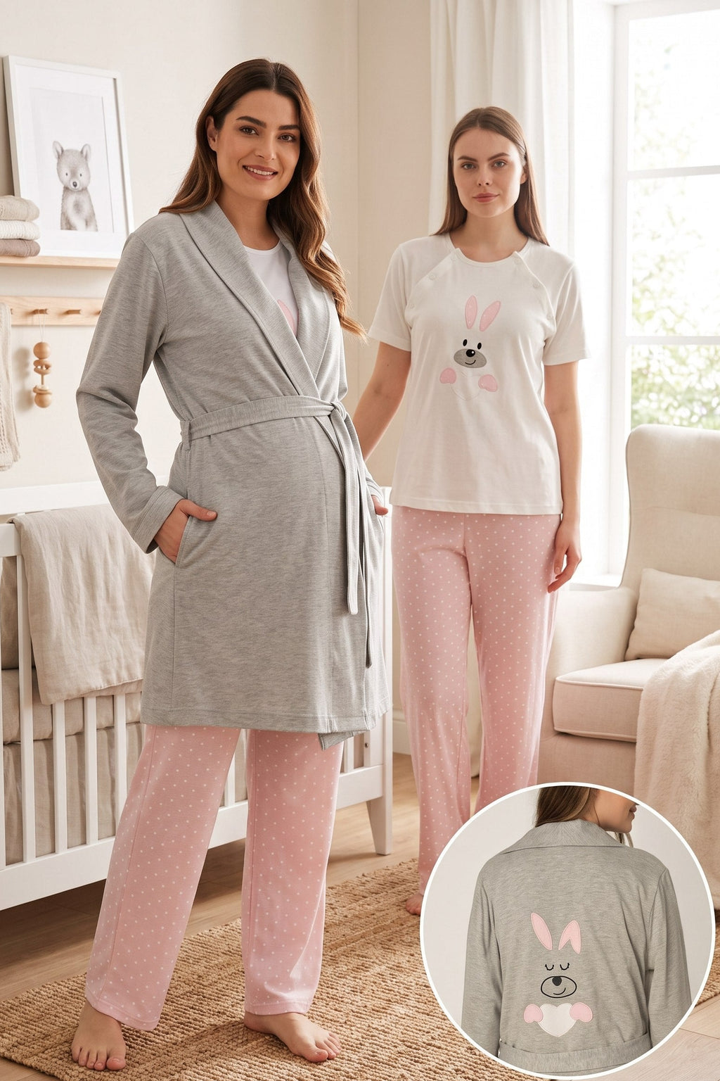 Basic 3-Piece Maternity Feeding-Friendly Pajama & Robe Set Pink - T2070
