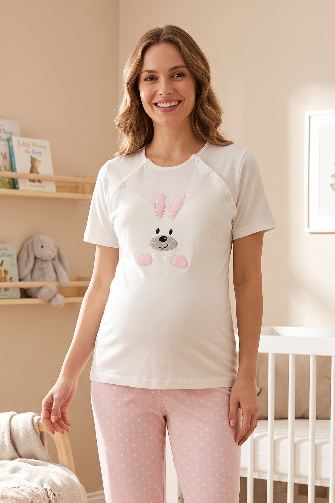 Basic Maternity Feeding-Friendly Pajama Set Pink - T2074