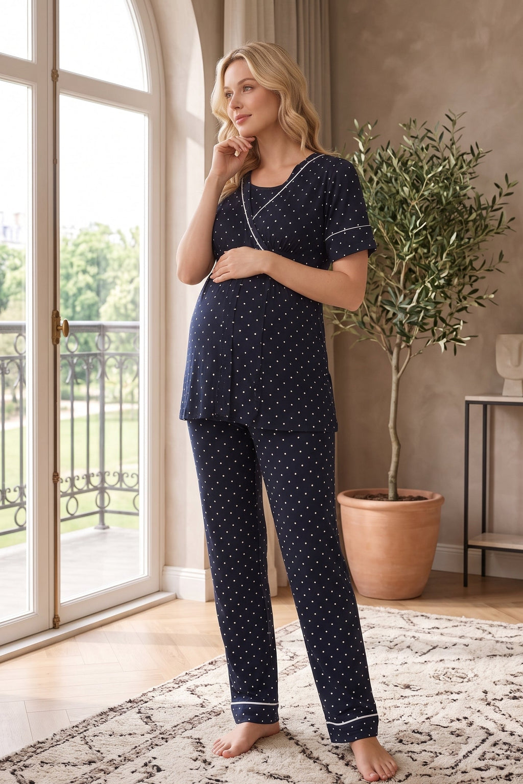 Polka Dot Wrap Maternity Feeding-Friendly Pajama Set Black - T2082