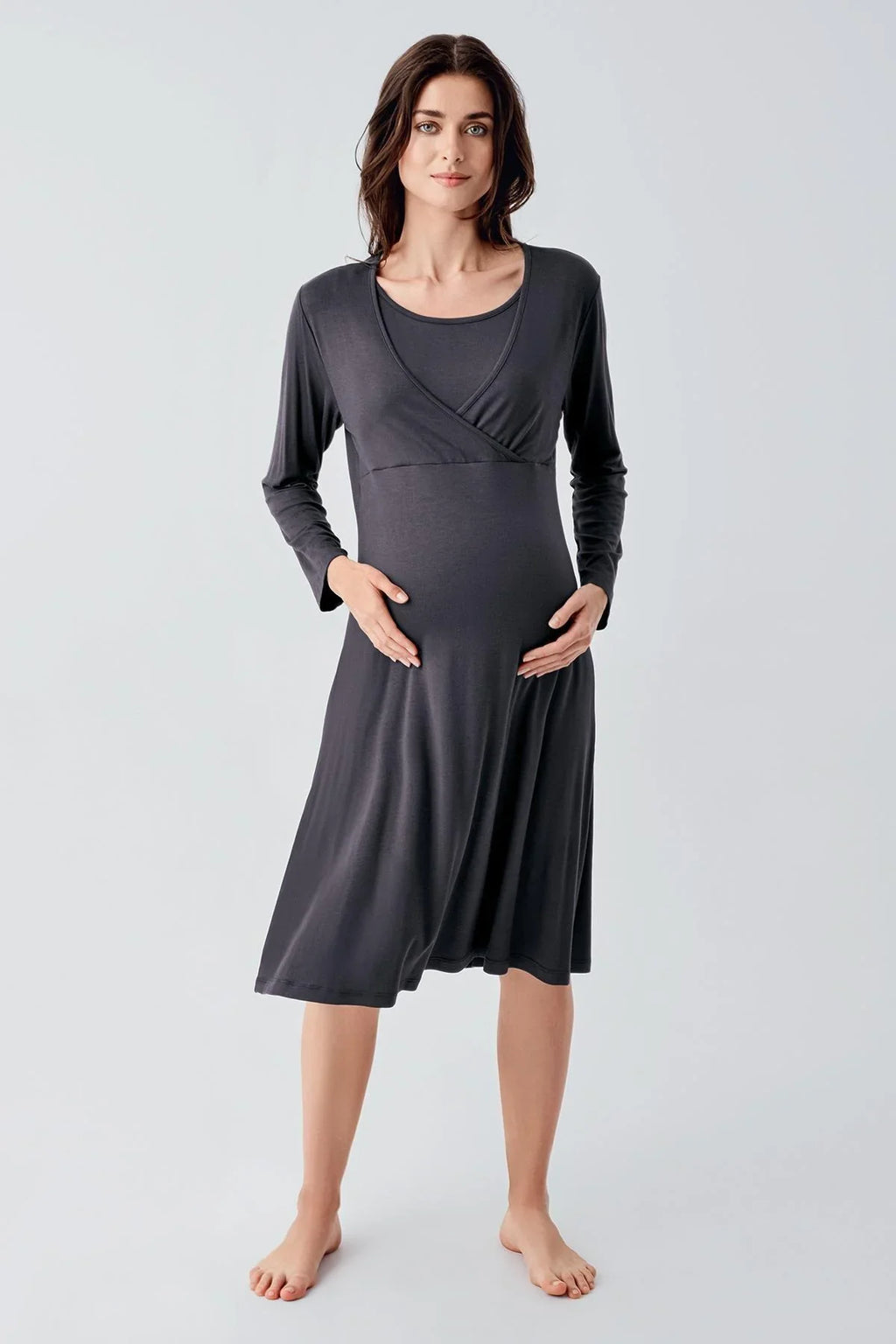 Melange Double Breasted Maternity Feeding-Friendly Nightgown Anthracite - S21105