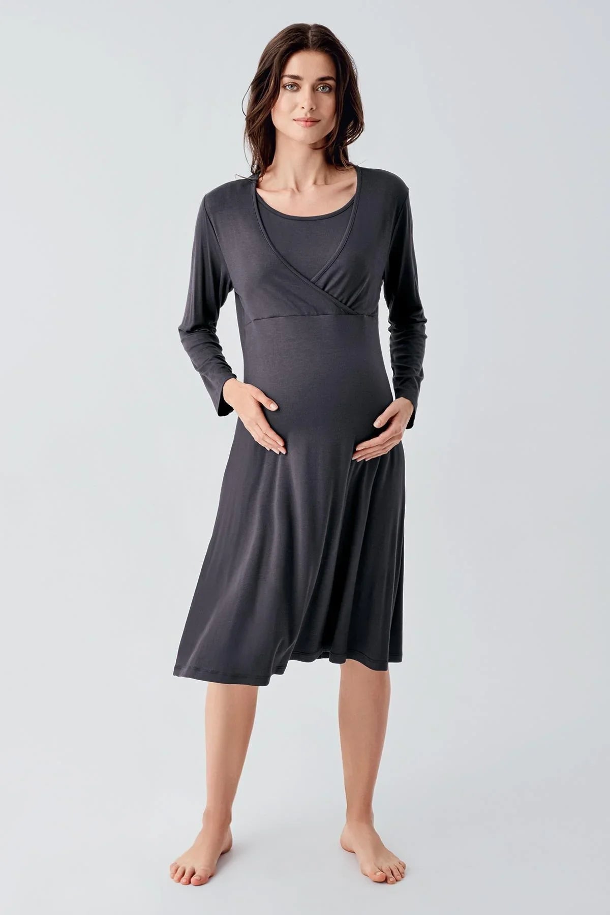Melange Double Breasted Maternity Feeding-Friendly Nightgown Anthracite - S21105