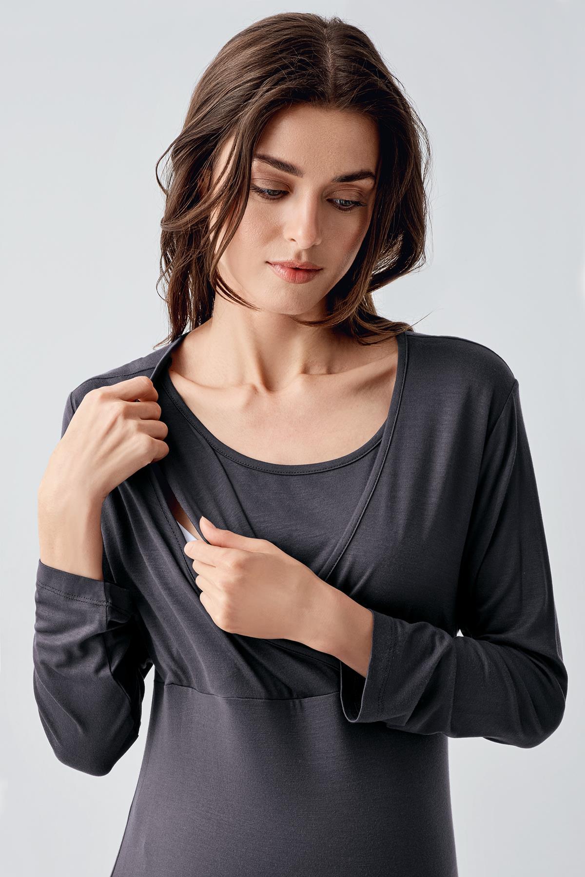 Melange Double Breasted Maternity Feeding-Friendly Nightgown Anthracite - S21105