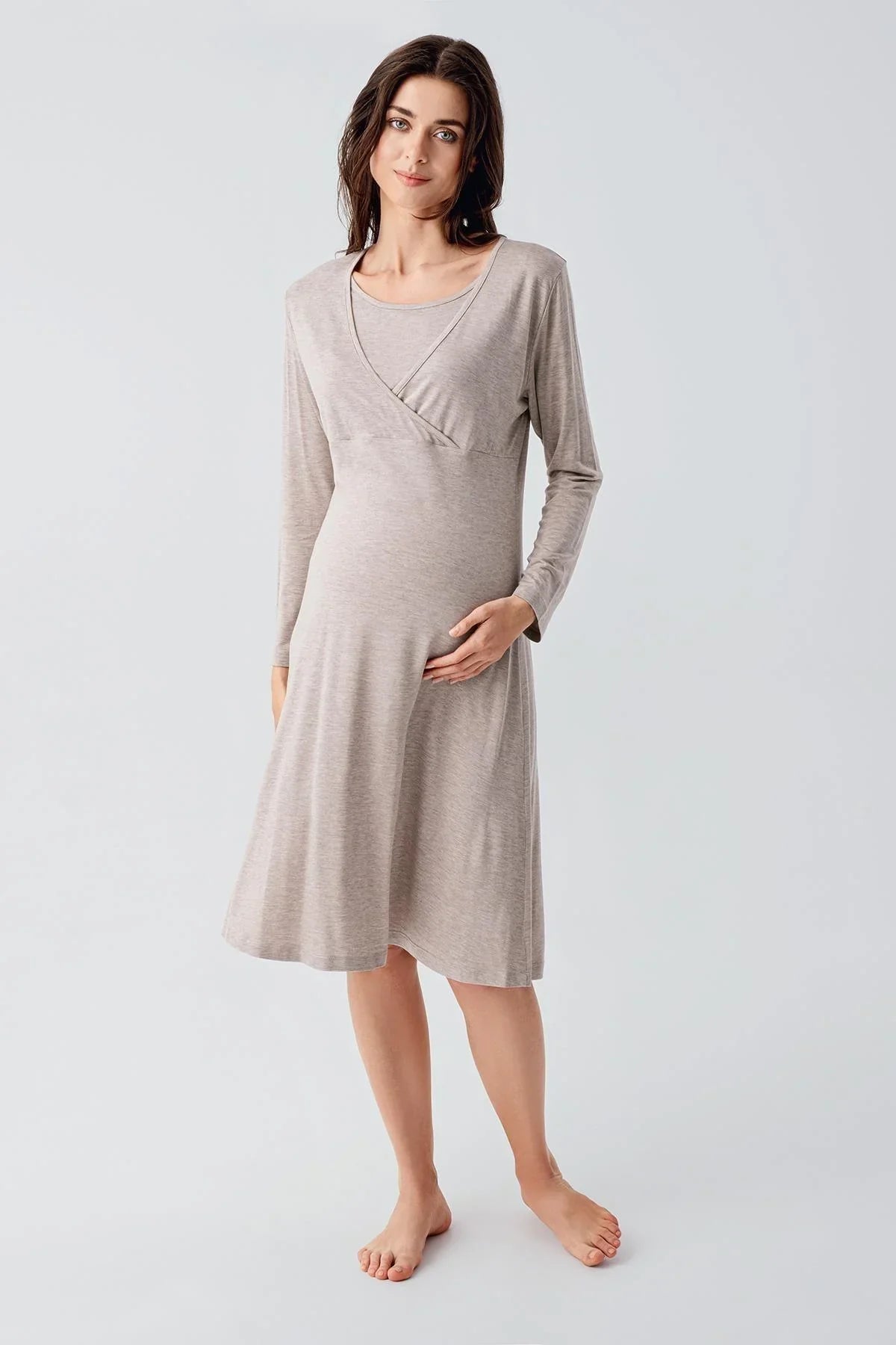 Melange Double Breasted Maternity Feeding-Friendly Nightgown Beige - S21105