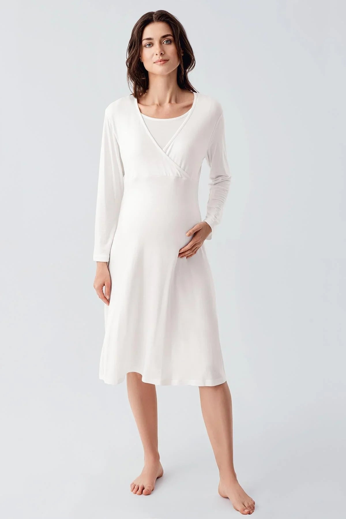 Melange Double Breasted Maternity Feeding-Friendly Nightgown Ecru - S21105