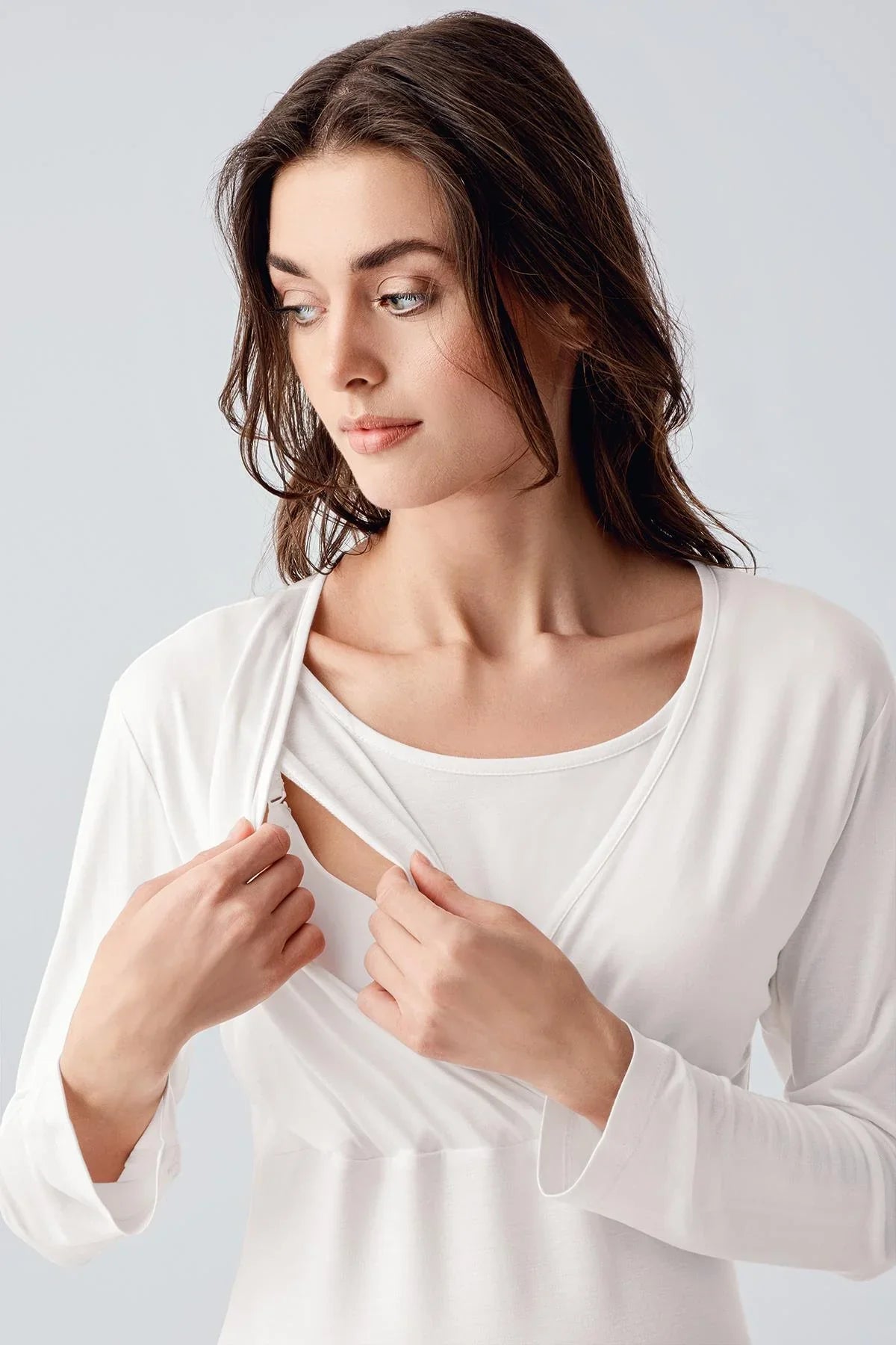 Melange Double Breasted Maternity Feeding-Friendly Nightgown Ecru - S21105