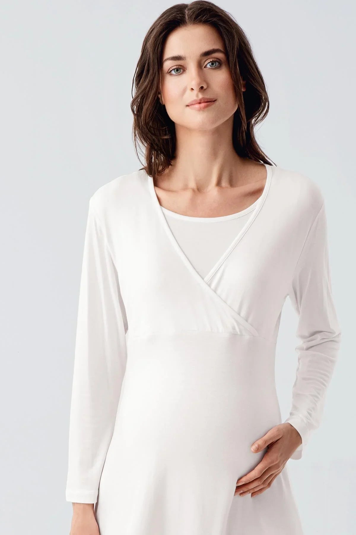 Melange Double Breasted Maternity Feeding-Friendly Nightgown Ecru - S21105