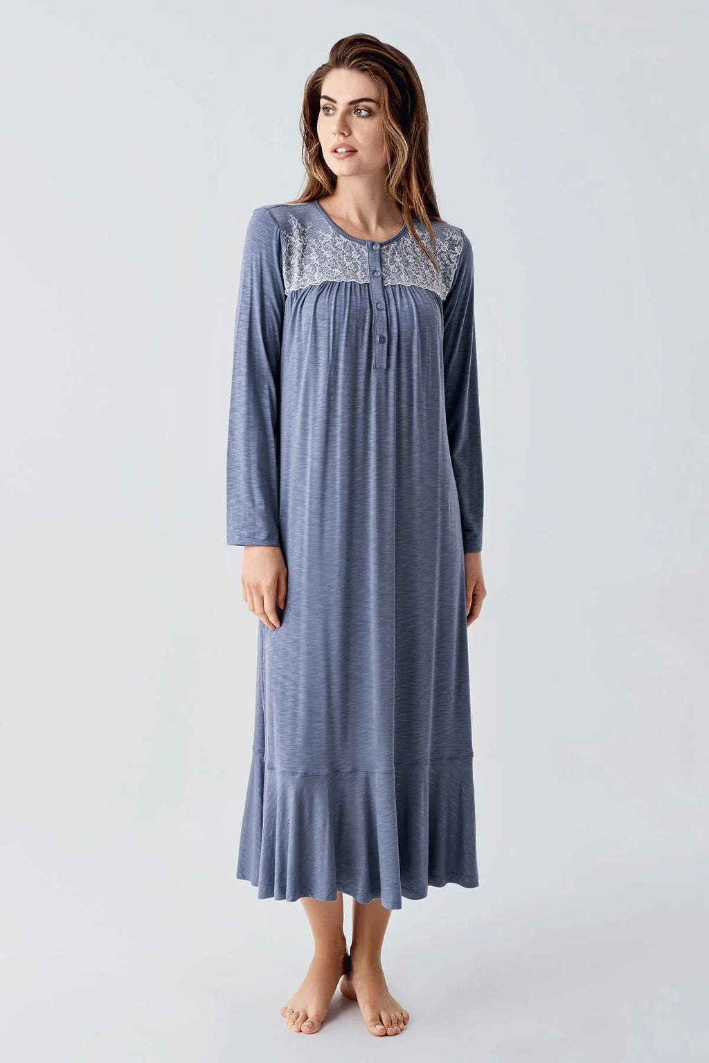 Lace Collar Jacquard Plus Size Maternity Feeding-Friendly Nightgown Indigo - S21108
