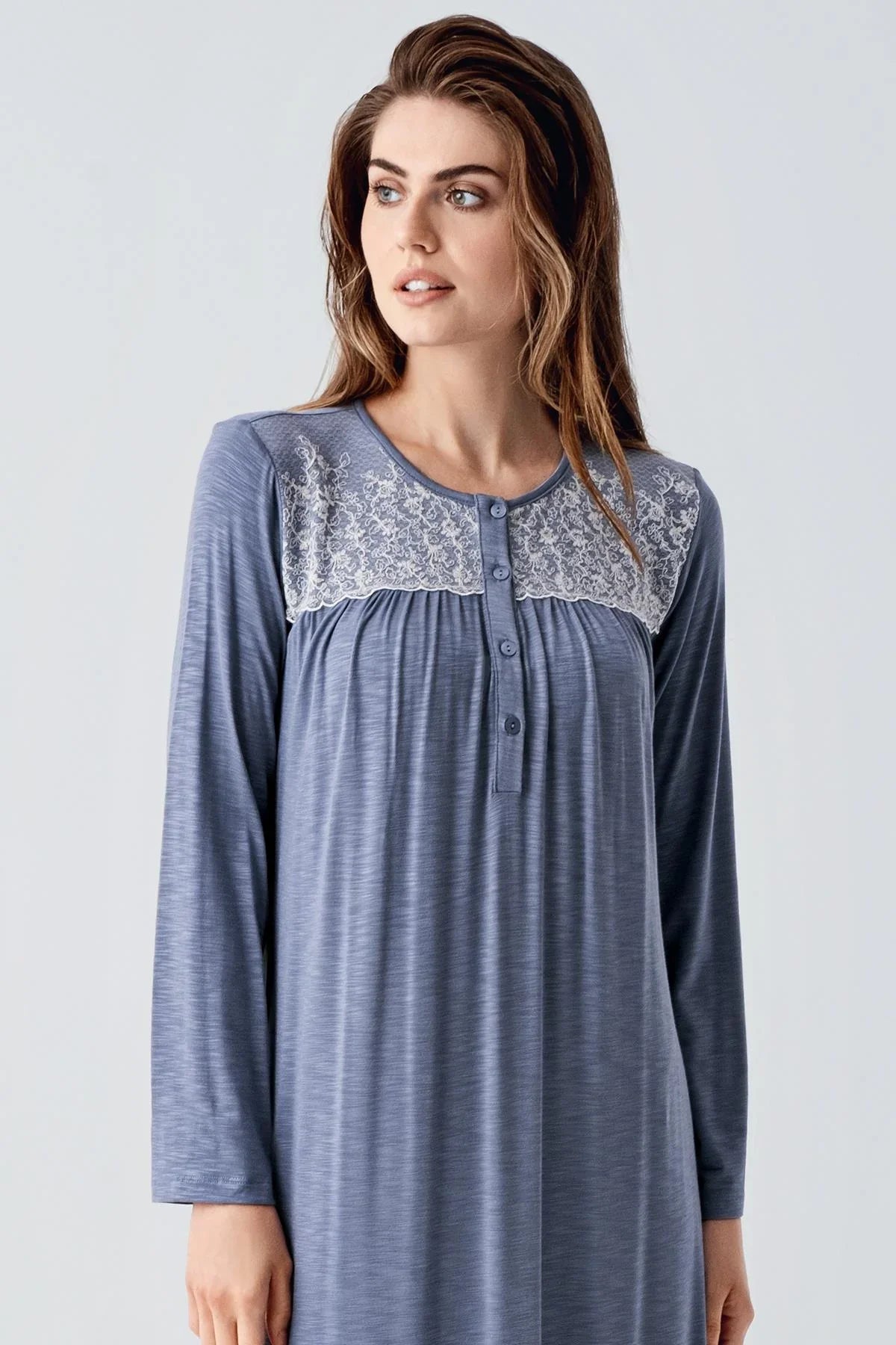 Lace Collar Jacquard Plus Size Maternity Feeding-Friendly Nightgown Indigo - S21108