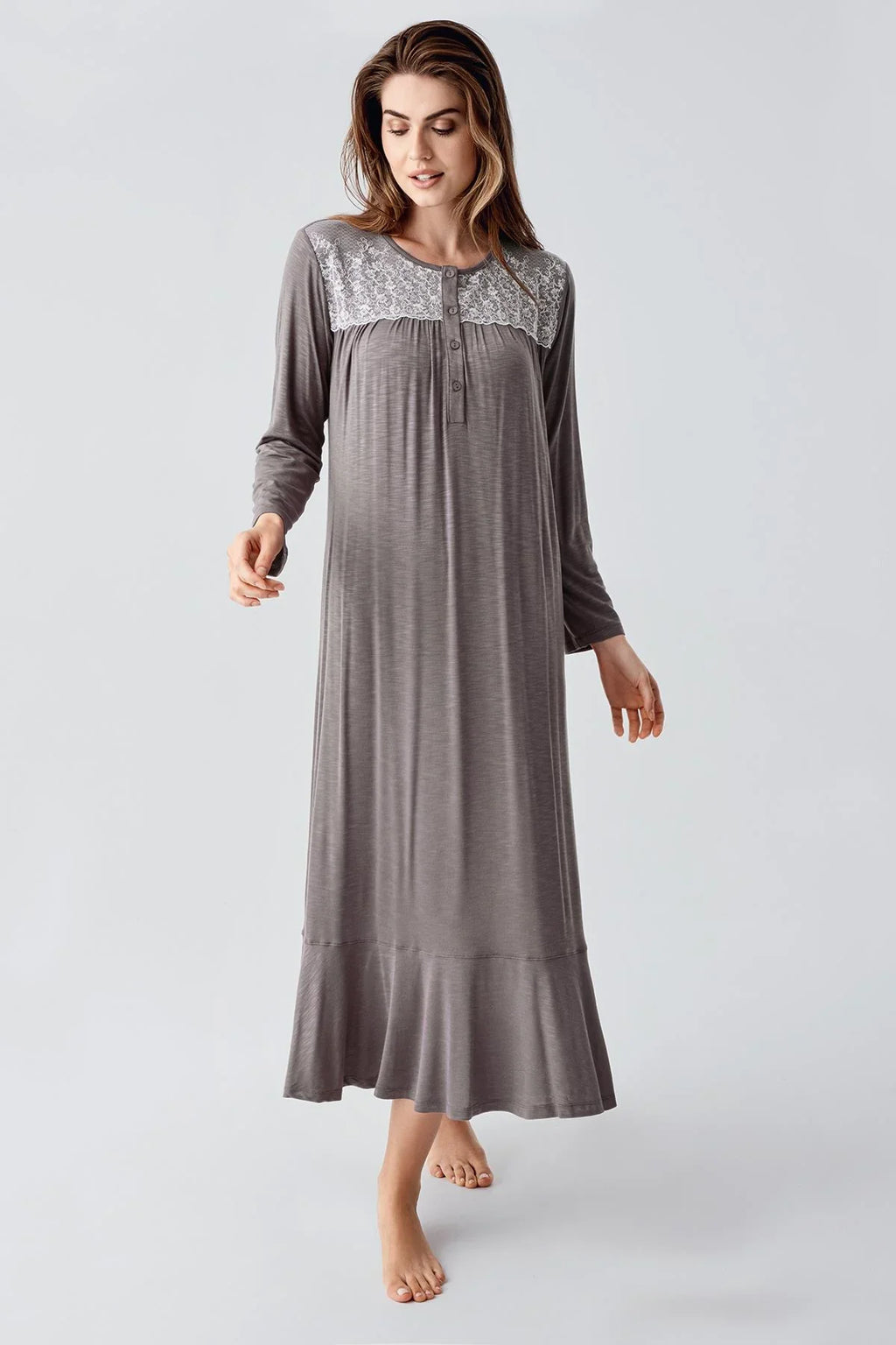 Lace Collar Jacquard Plus Size Maternity Feeding-Friendly Nightgown Coffee - S21108