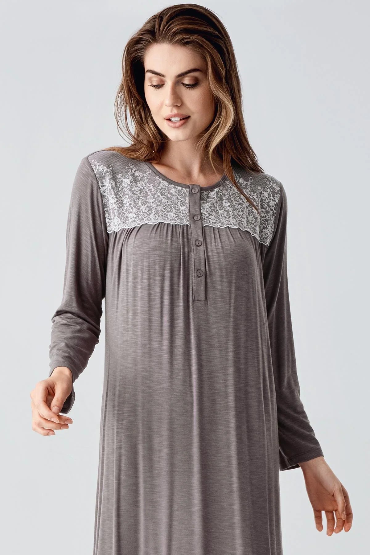 Lace Collar Jacquard Plus Size Maternity Feeding-Friendly Nightgown Coffee - S21108
