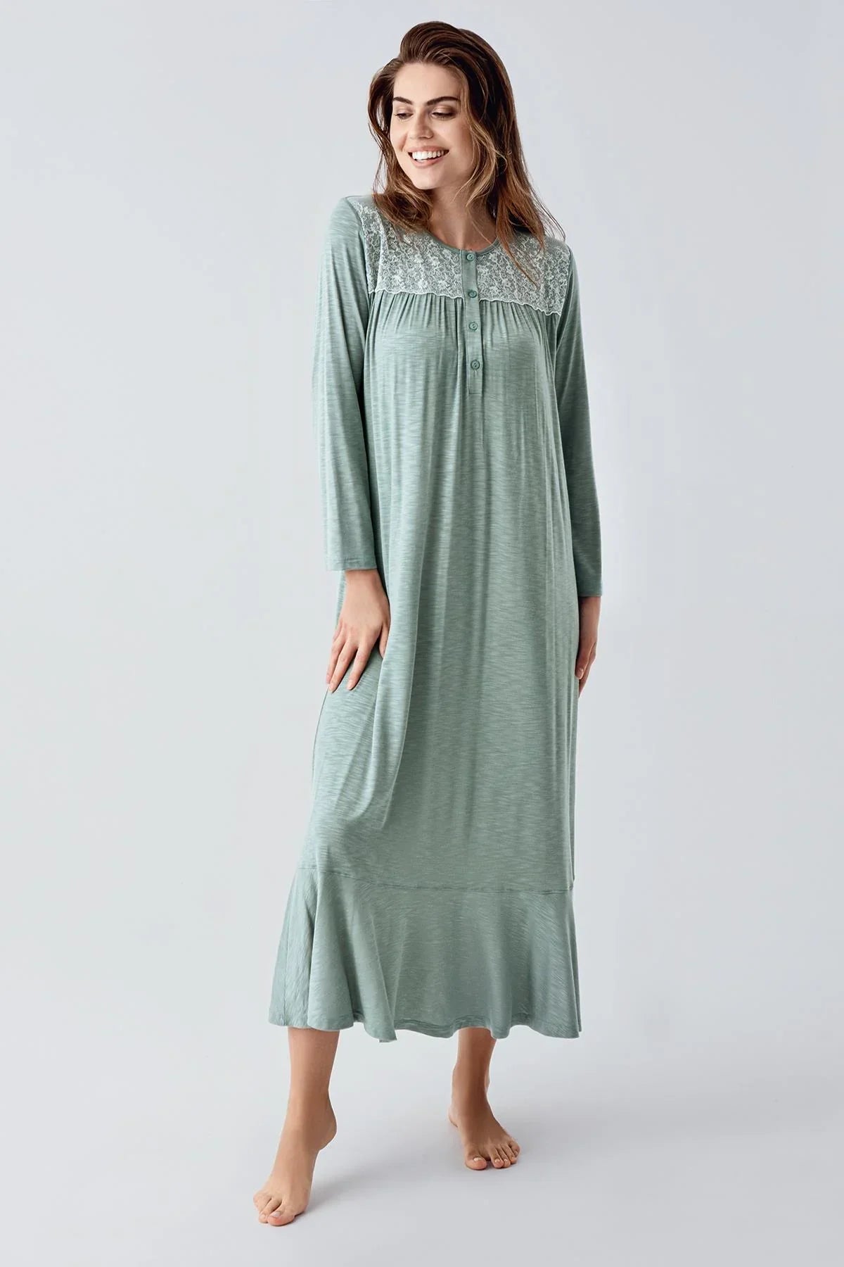 Lace Collar Jacquard Plus Size Maternity Feeding-Friendly Nightgown Green - S21108