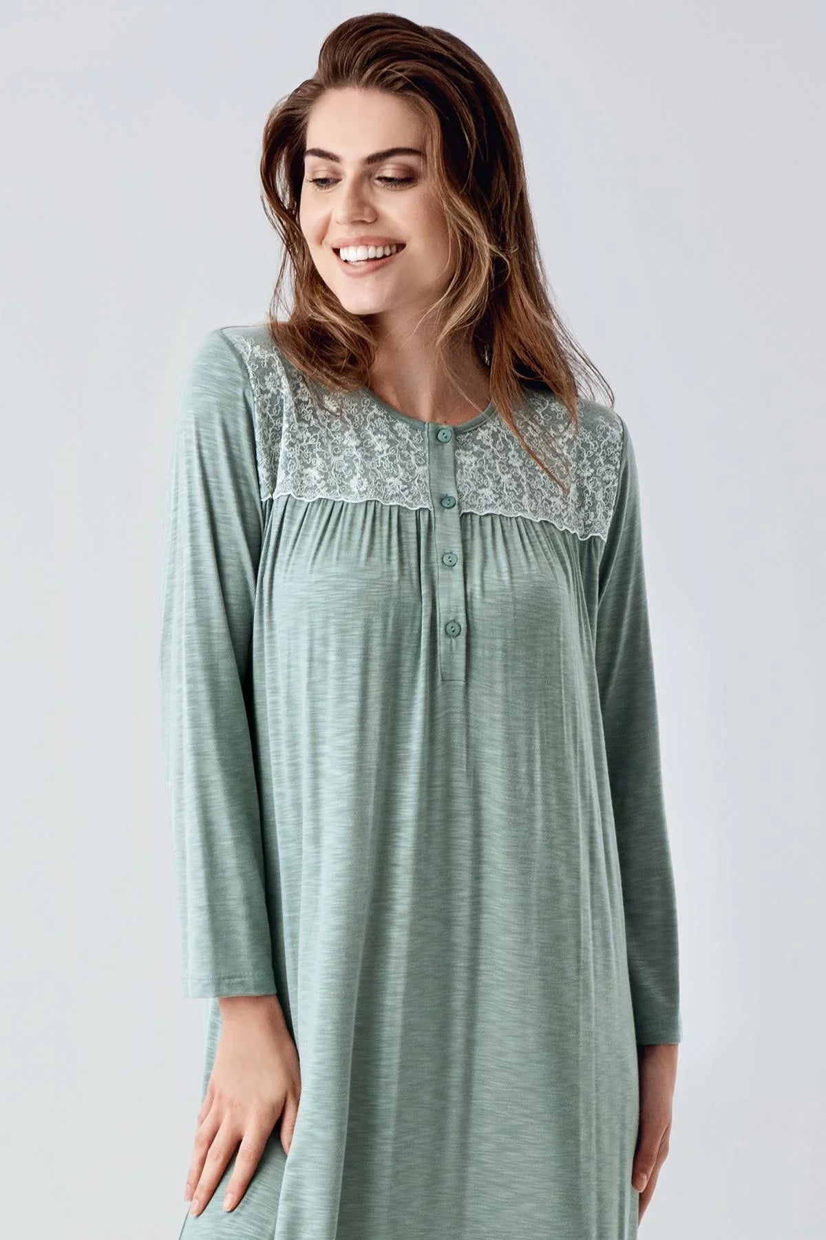 Lace Collar Jacquard Plus Size Maternity Feeding-Friendly Nightgown Green - S21108