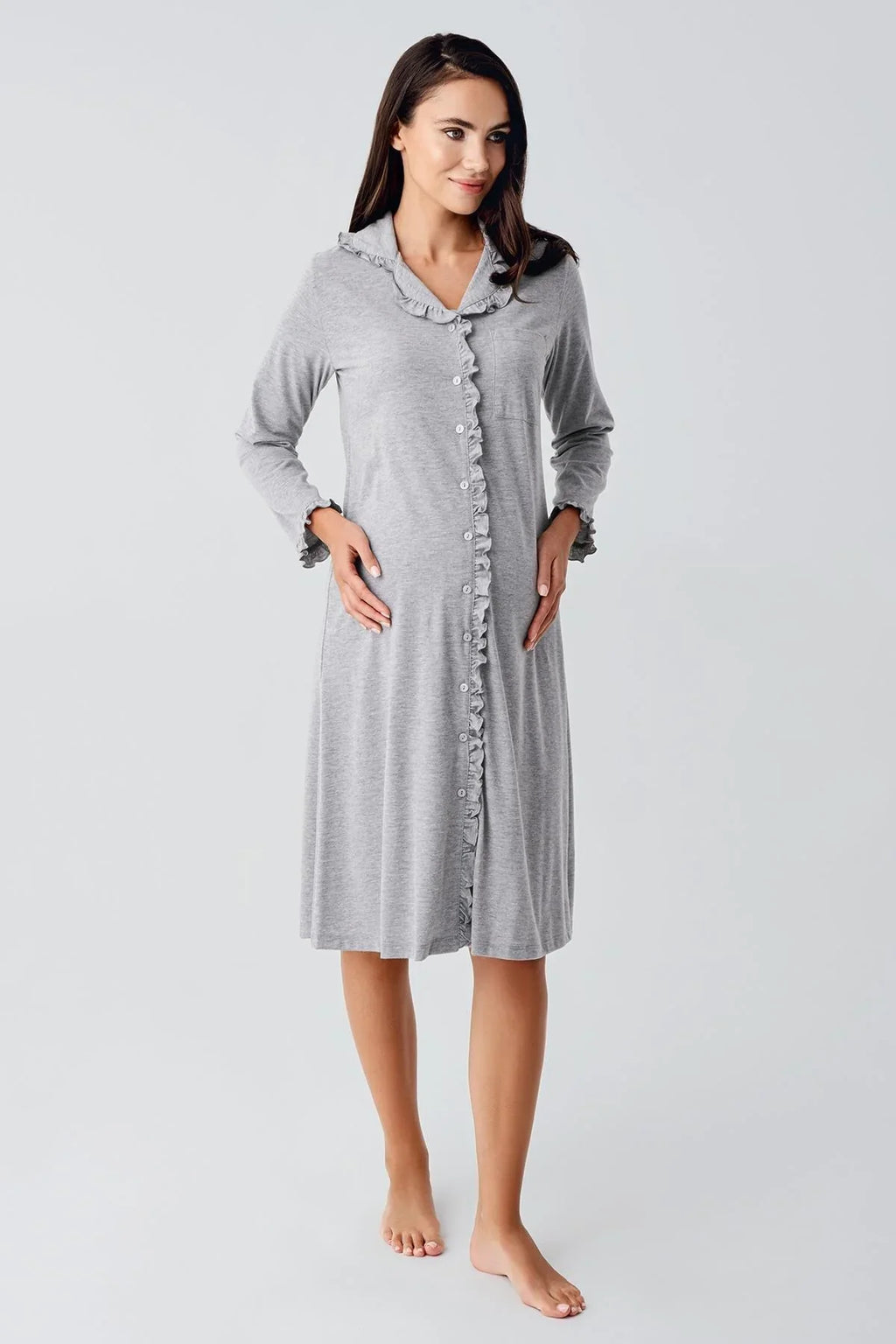 Ruffled Cotton Maternity Feeding-Friendly Nightgown Grey - S21112