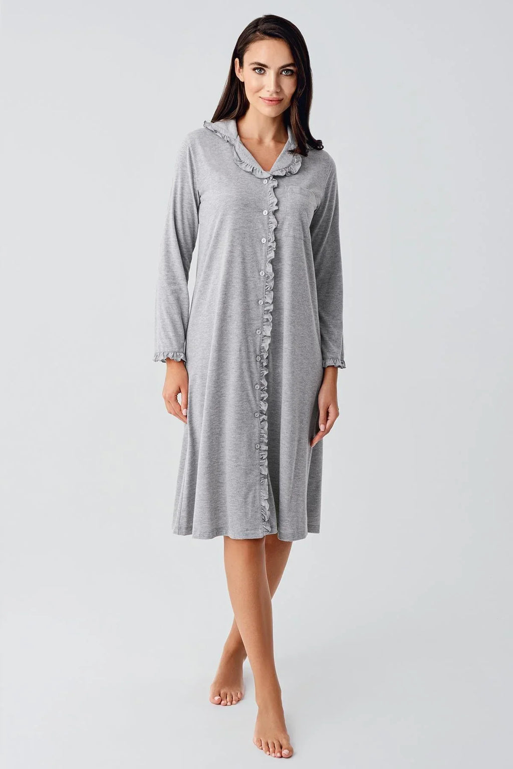Ruffled Cotton Maternity Feeding-Friendly Nightgown Grey - S21112