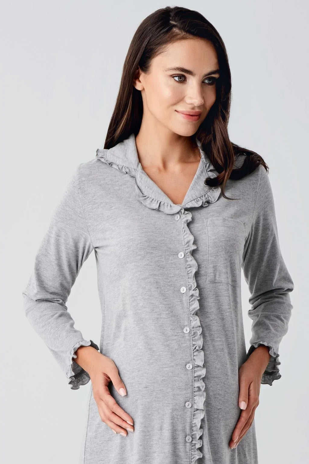 Ruffled Cotton Maternity Feeding-Friendly Nightgown Grey - S21112