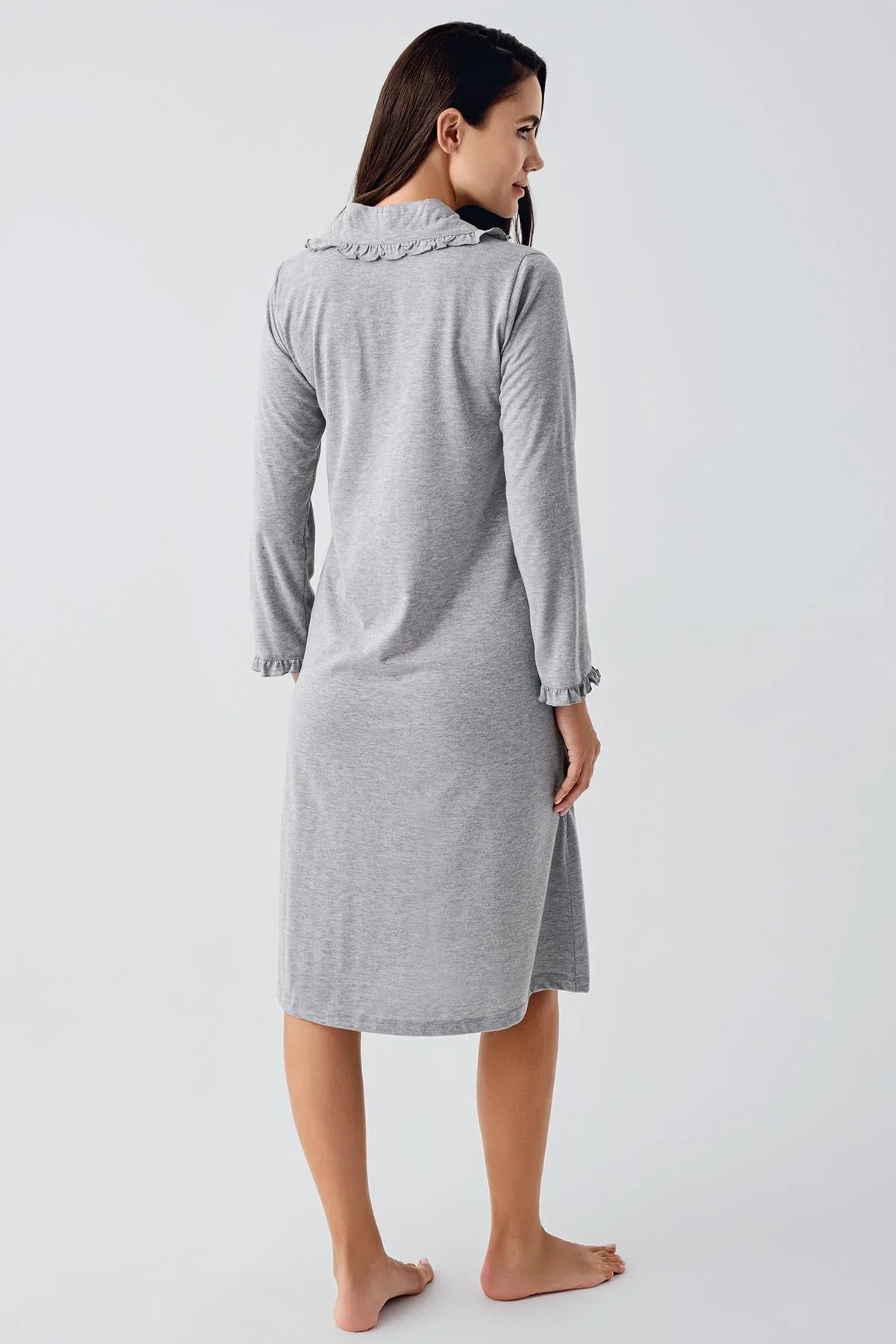 Ruffled Cotton Maternity Feeding-Friendly Nightgown Grey - S21112