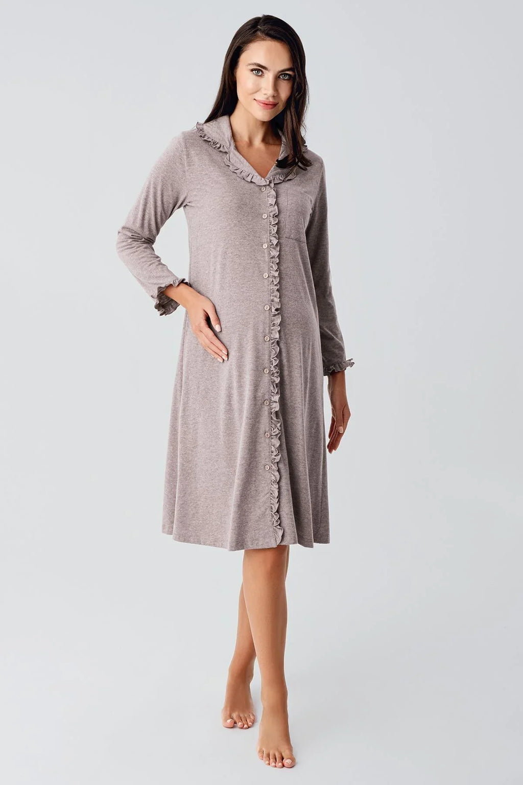 Ruffled Cotton Maternity Feeding-Friendly Nightgown Coffee - S21112
