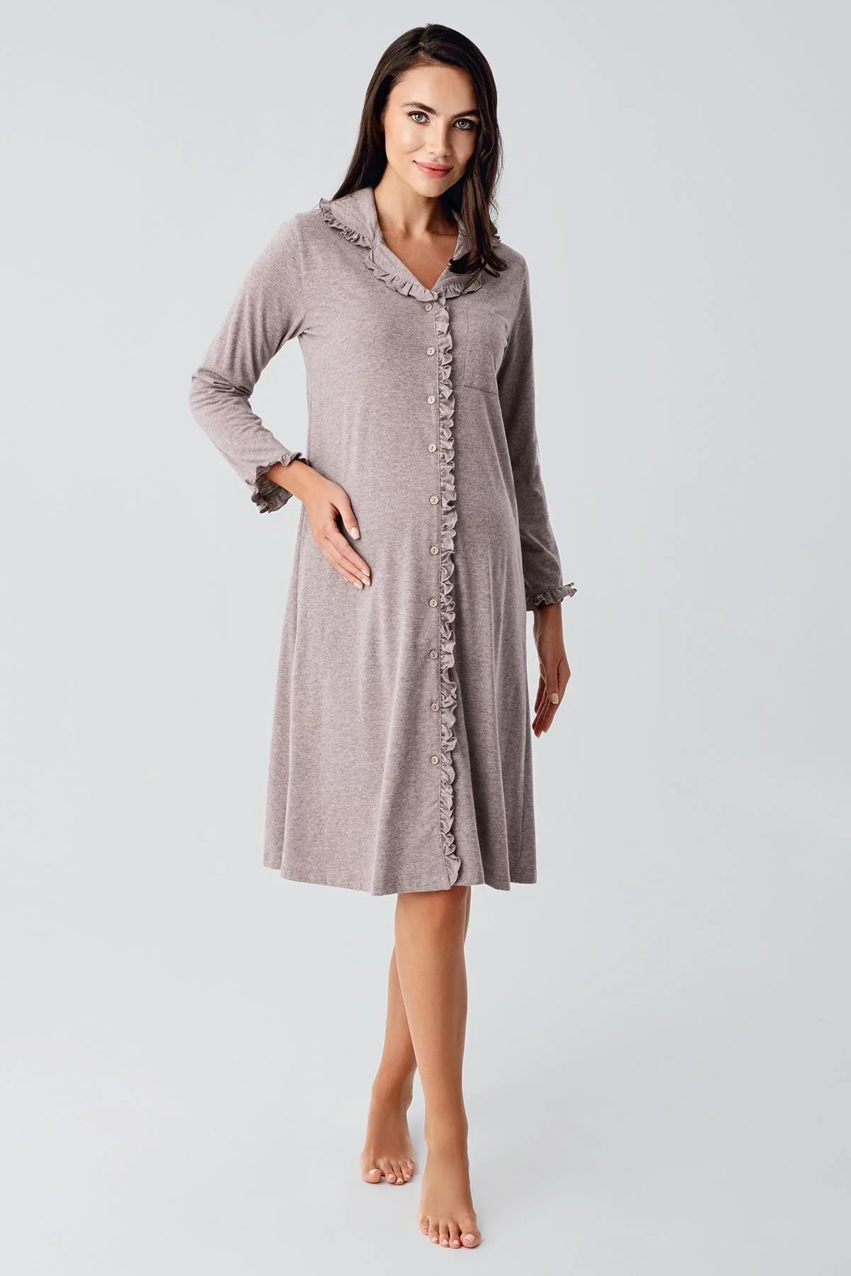 Ruffled Cotton Maternity Feeding-Friendly Nightgown Coffee - S21112