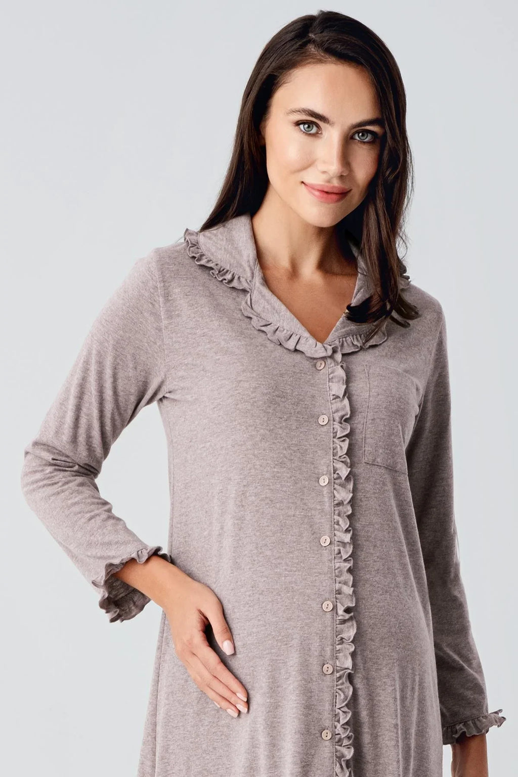 Ruffled Cotton Maternity Feeding-Friendly Nightgown Coffee - S21112