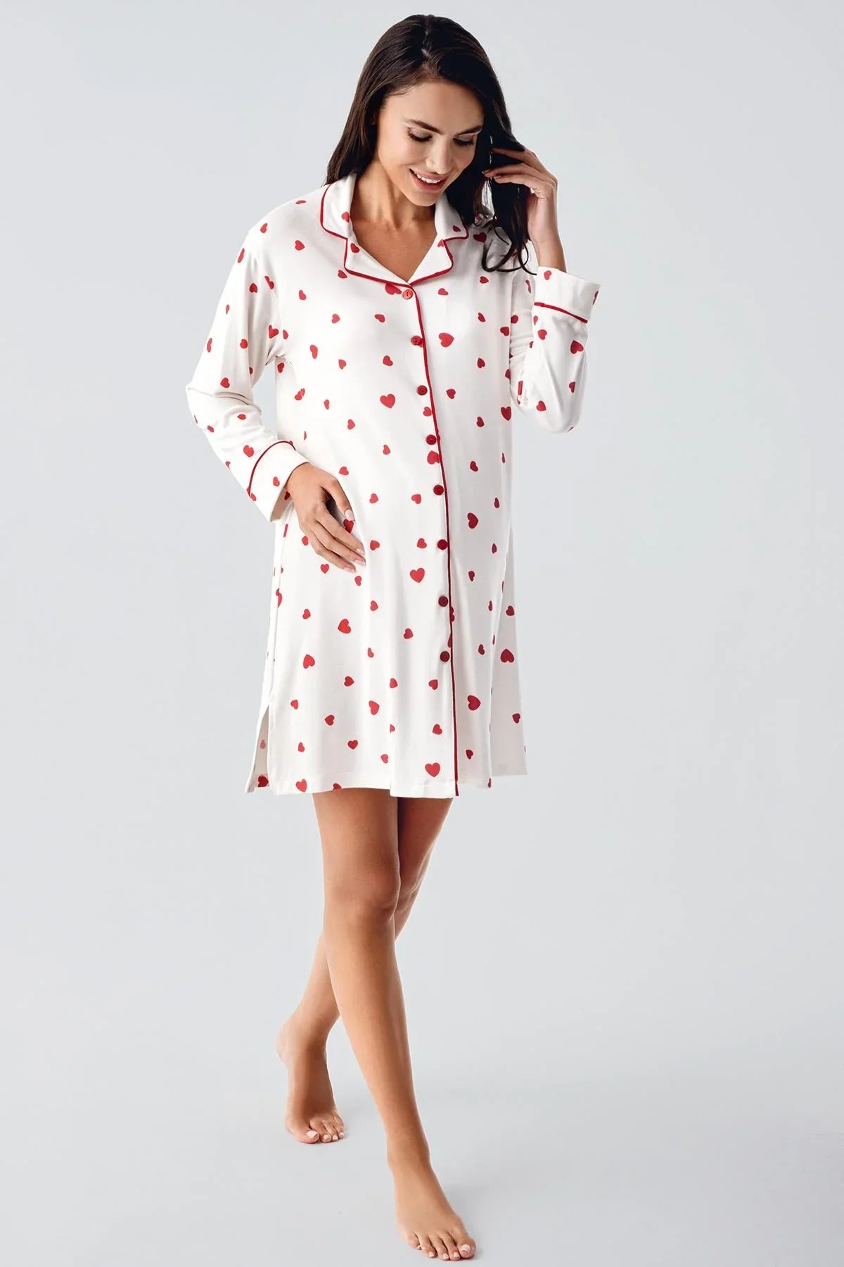 Heart Thermal Maternity Feeding-Friendly Nightgown Red - S21113
