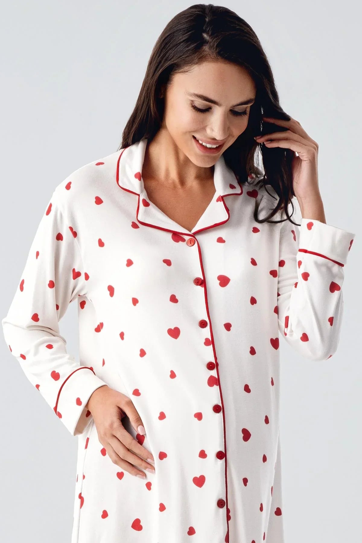 Heart Thermal Maternity Feeding-Friendly Nightgown Red - S21113