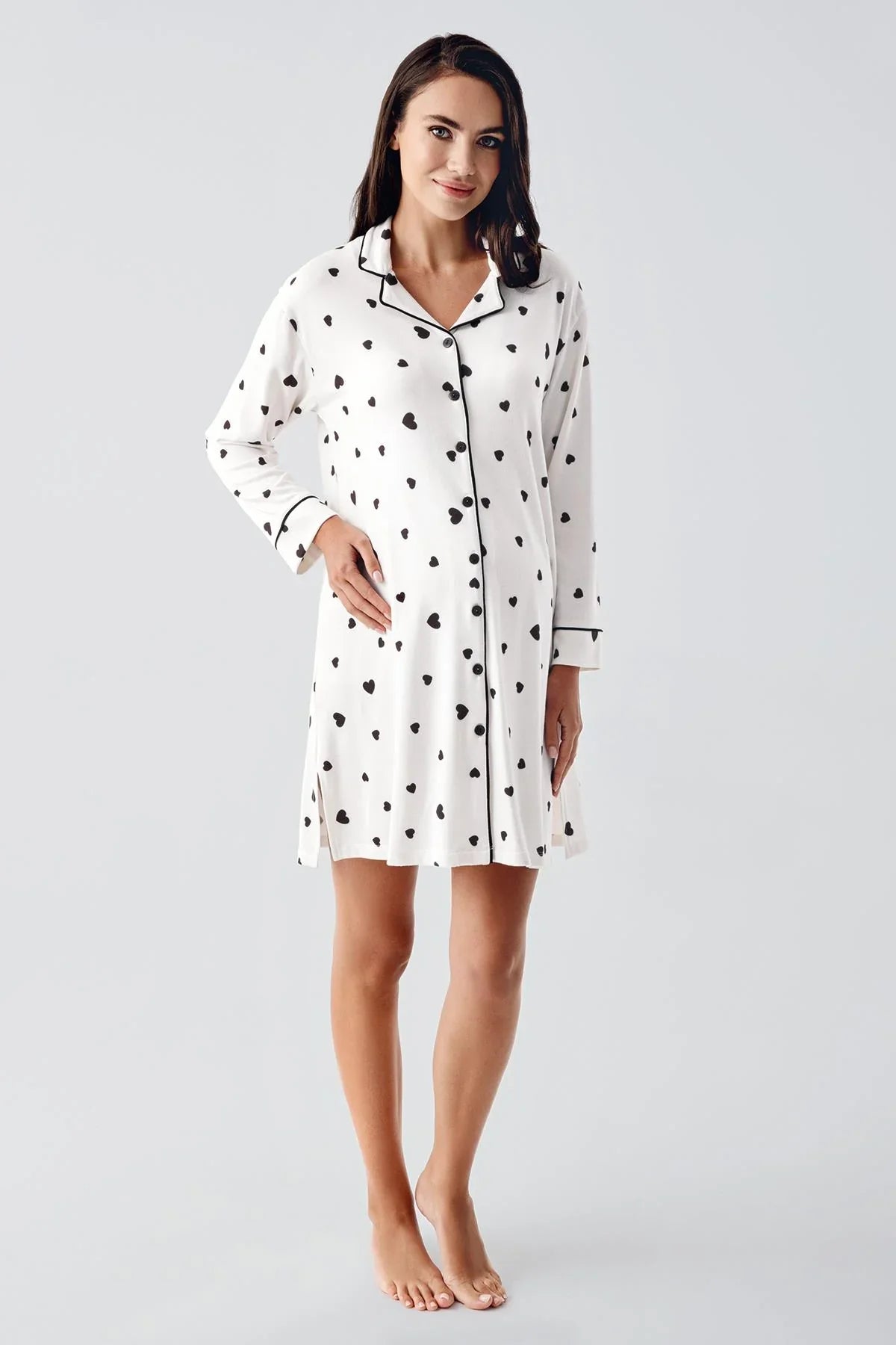 Heart Thermal Maternity Feeding-Friendly Nightgown Black - S21113