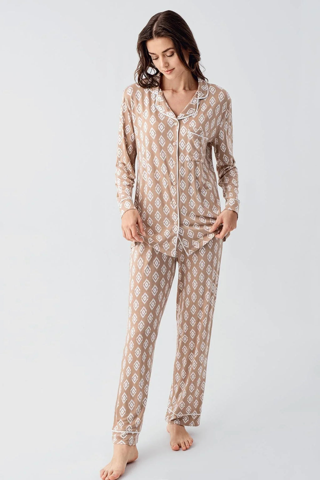 Patterned Maternity Feeding-Friendly Pajama Set Beige - S22101