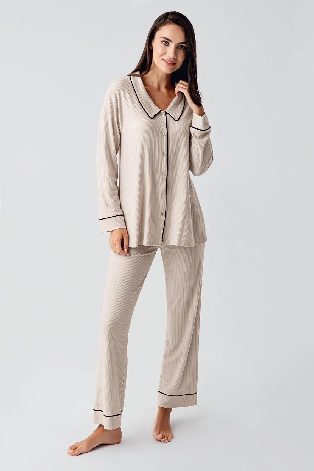 Baby Collar Maternity Feeding-Friendly Pajama Set Beige - S22109