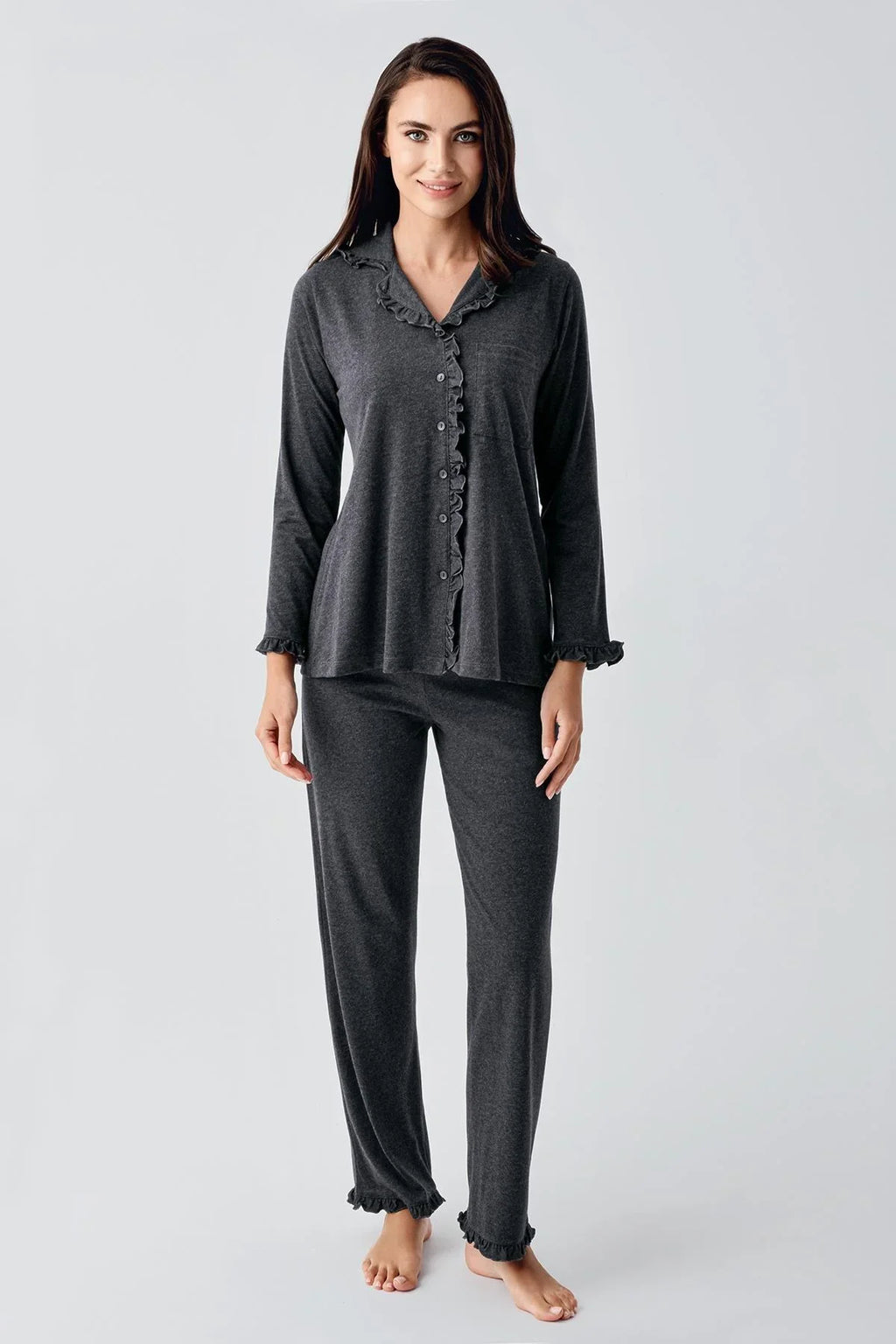 Cotton Melange Maternity Feeding-Friendly Pajama Set Anthracite - S22112