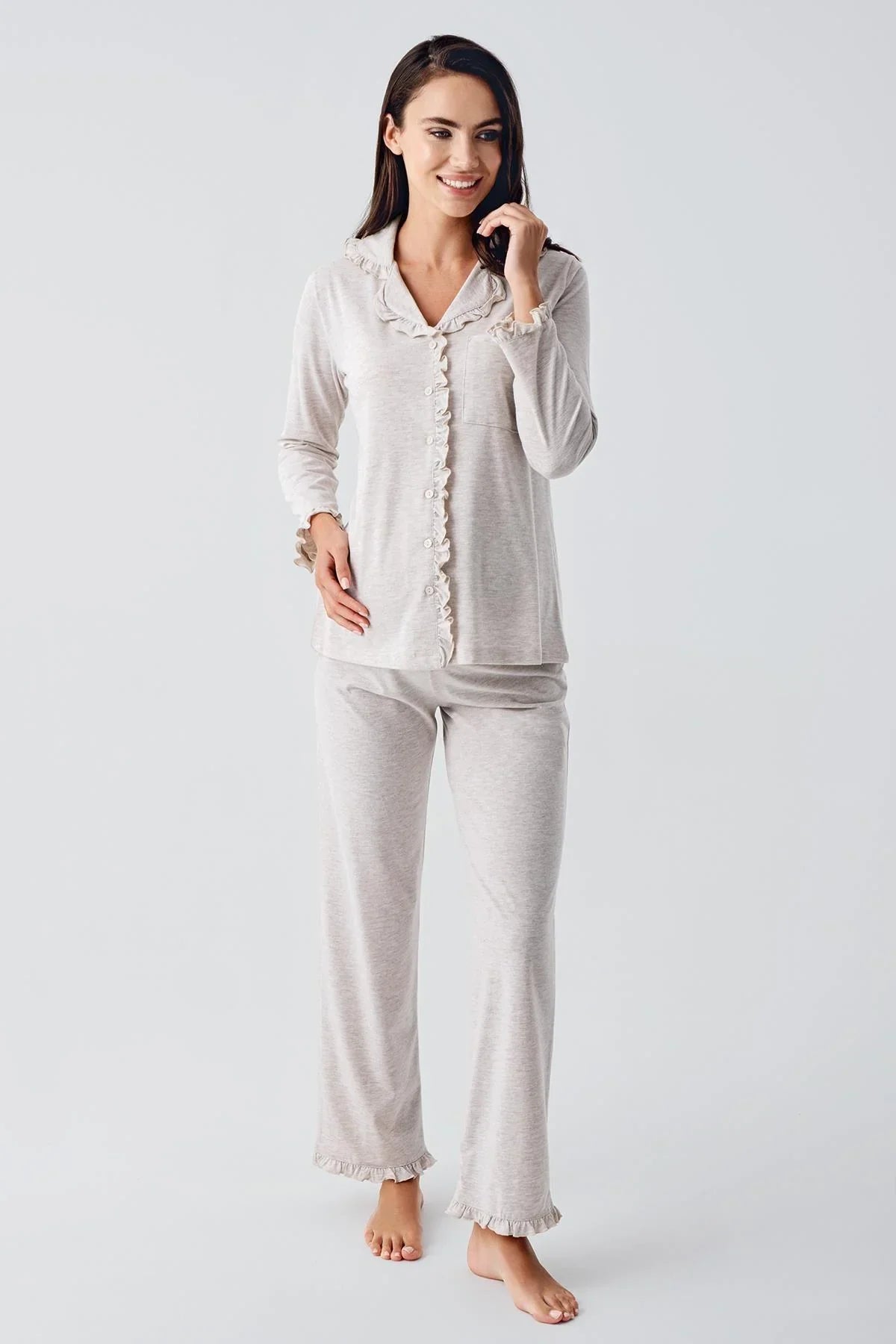 Cotton Melange Maternity Feeding-Friendly Pajama Set Beige - S22112
