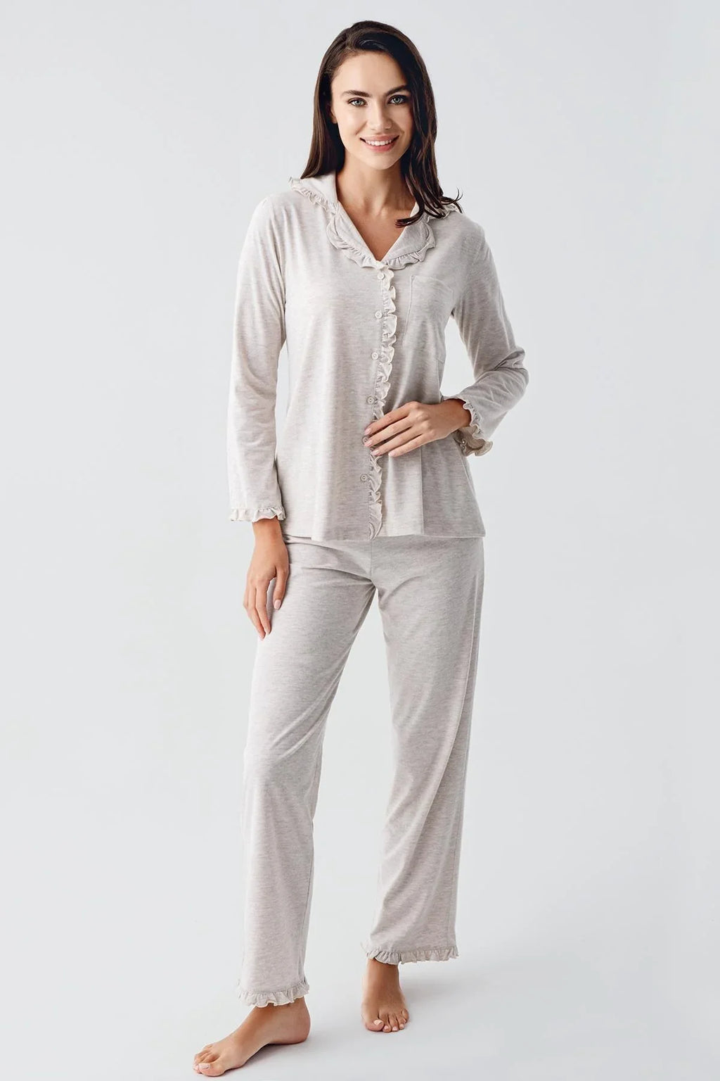Cotton Melange Maternity Feeding-Friendly Pajama Set Beige - S22112
