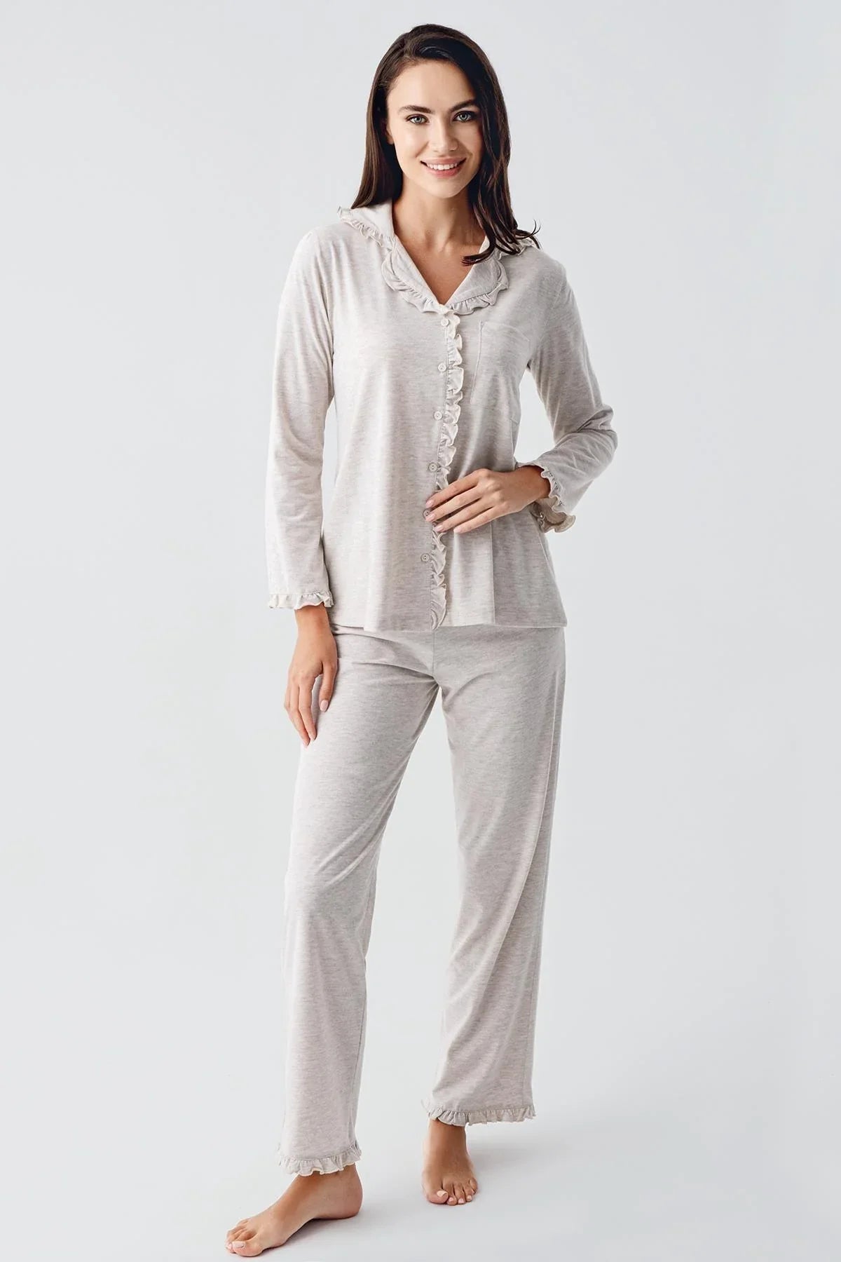 Cotton Melange Maternity Feeding-Friendly Pajama Set Beige - S22112