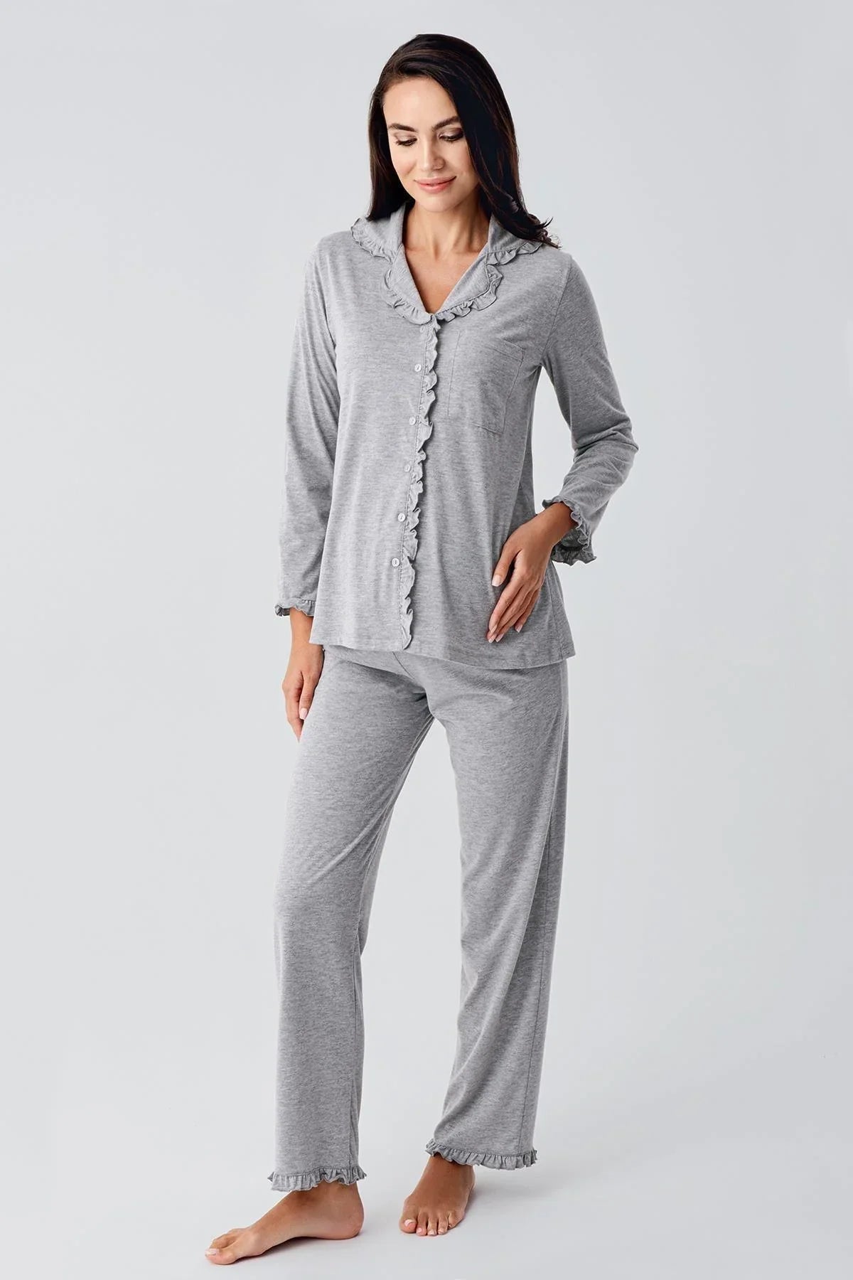 Cotton Melange Maternity Feeding-Friendly Pajama Set Grey - S22112