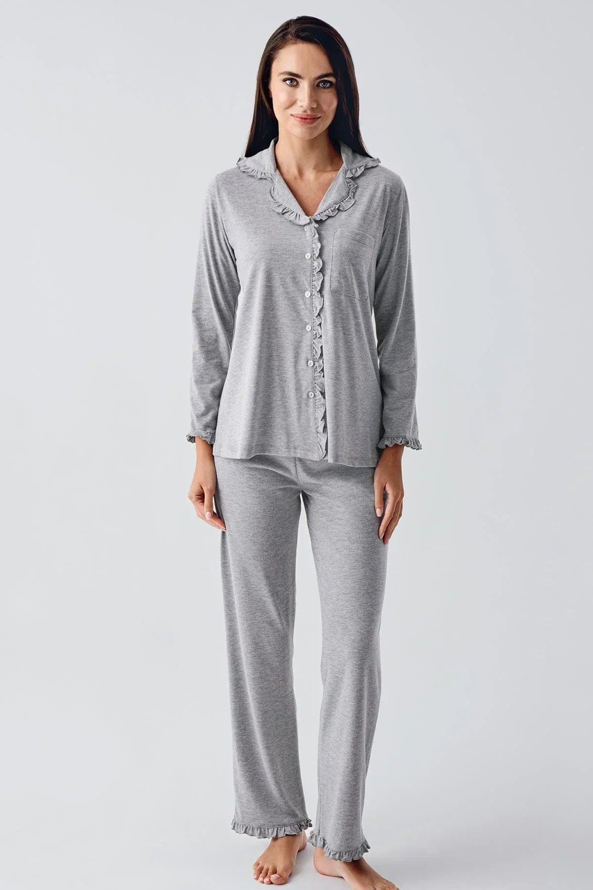 Cotton Melange Maternity Feeding-Friendly Pajama Set Grey - S22112