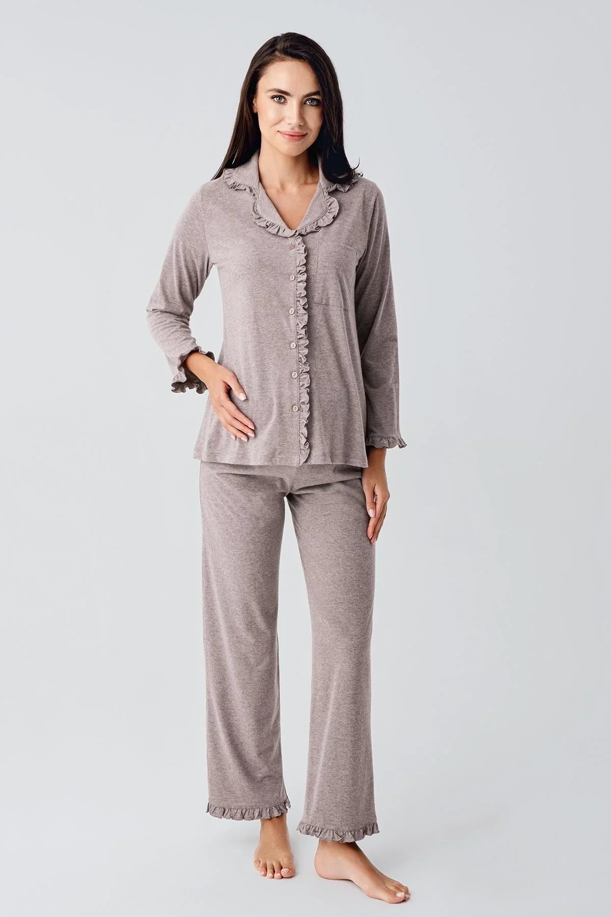 Cotton Melange Maternity Feeding-Friendly Pajama Set Coffee - S22112