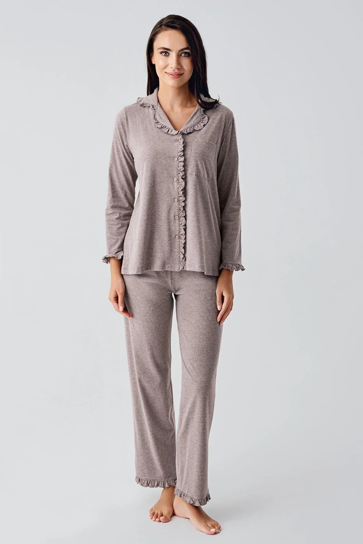 Cotton Melange Maternity Feeding-Friendly Pajama Set Coffee - S22112