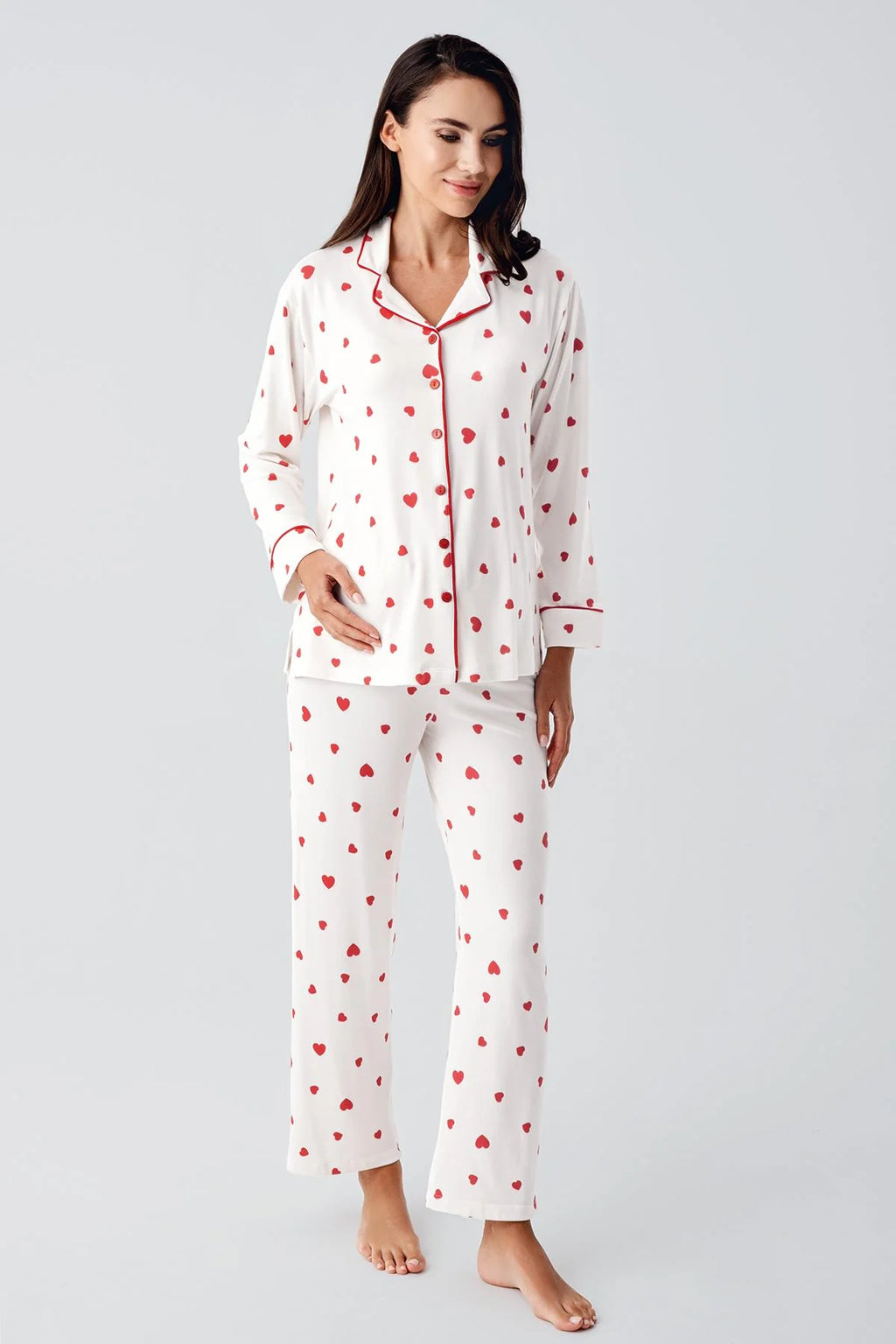 Heart Thermal Maternity Feeding-Friendly Pajama Set Red - S22113