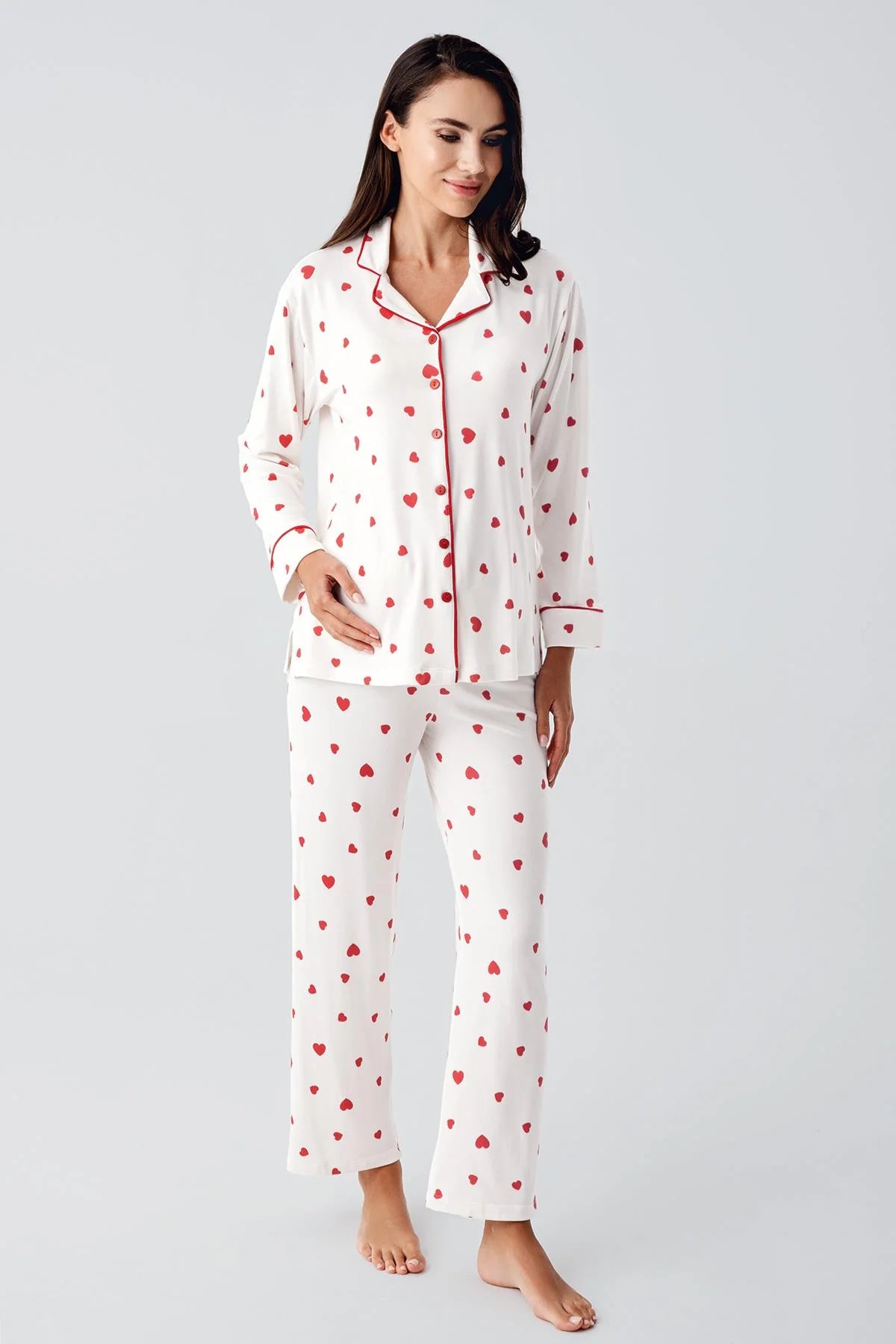Heart Thermal Maternity Feeding-Friendly Pajama Set Red - S22113