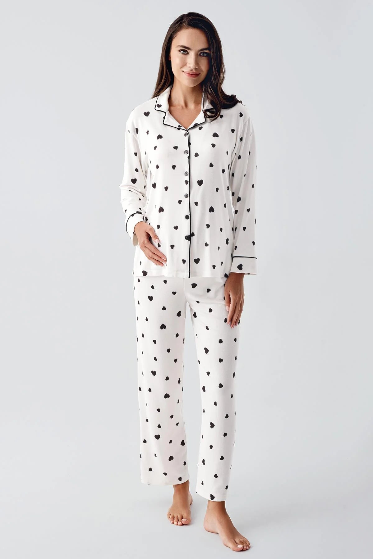 Heart Thermal Maternity Feeding-Friendly Pajama Set Black - S22113