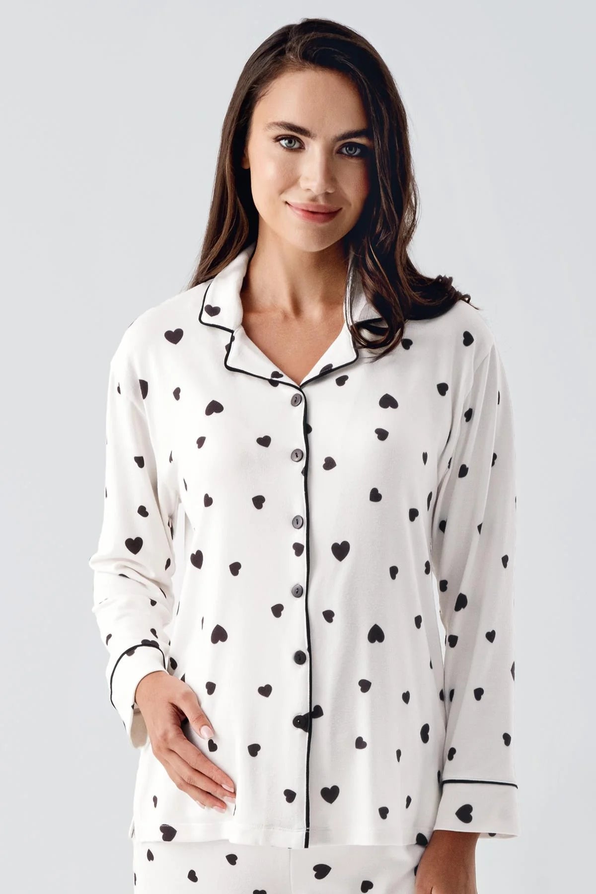 Heart Thermal Maternity Feeding-Friendly Pajama Set Black - S22113